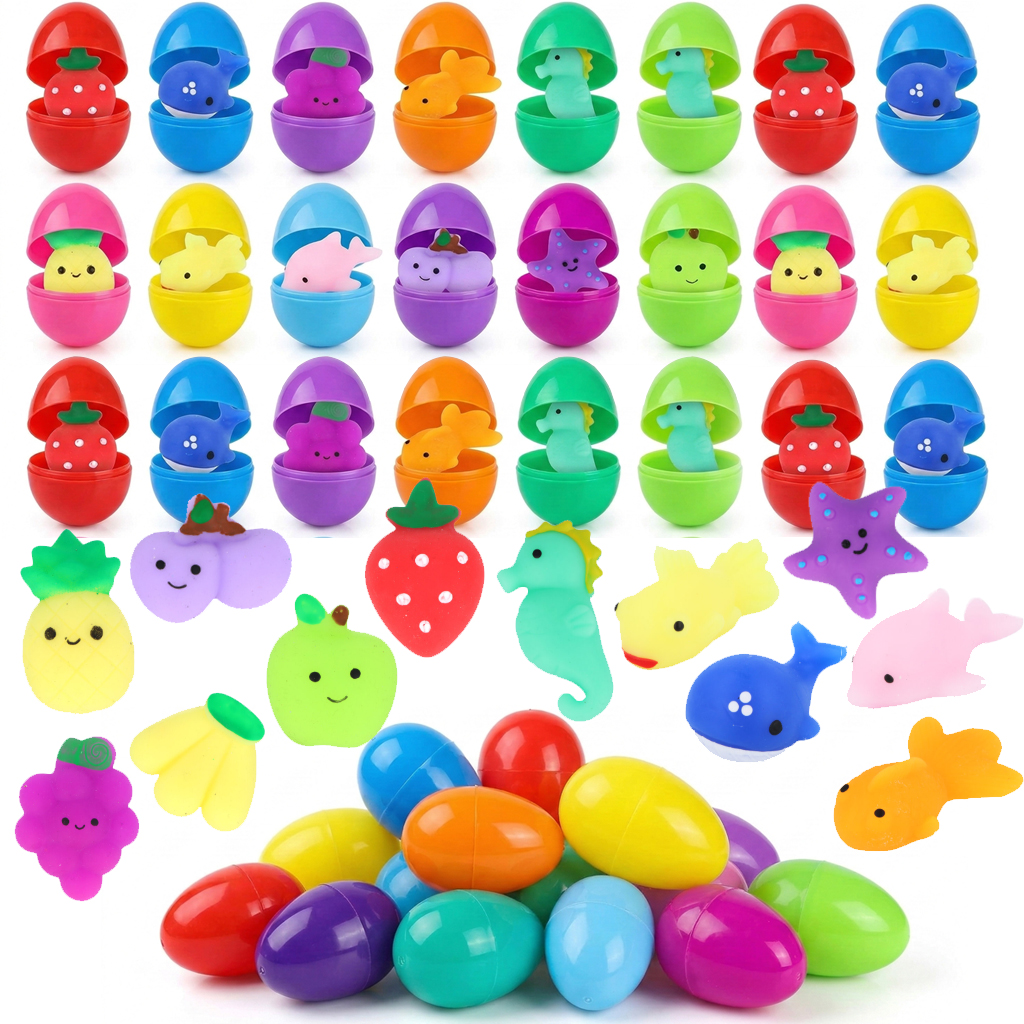 Easter Egg Hunt Toy Set | 48 Pieces | Fillable Eggs, Fruit Squishies & Sea Animal Squishies with Beads