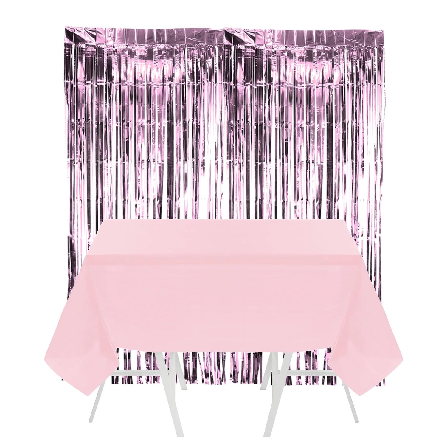 Pink Party Decoration Set - Table Cover & 2 X Foil Curtains