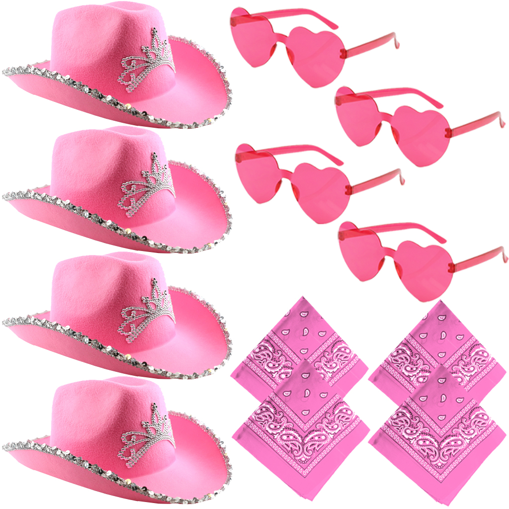 12 Pcs Pink Cowgirl Accessory Set | Hen Party | X4 Pink Cowboy Hats, X4 Heart Glasses & X4 Paisley Bandanas