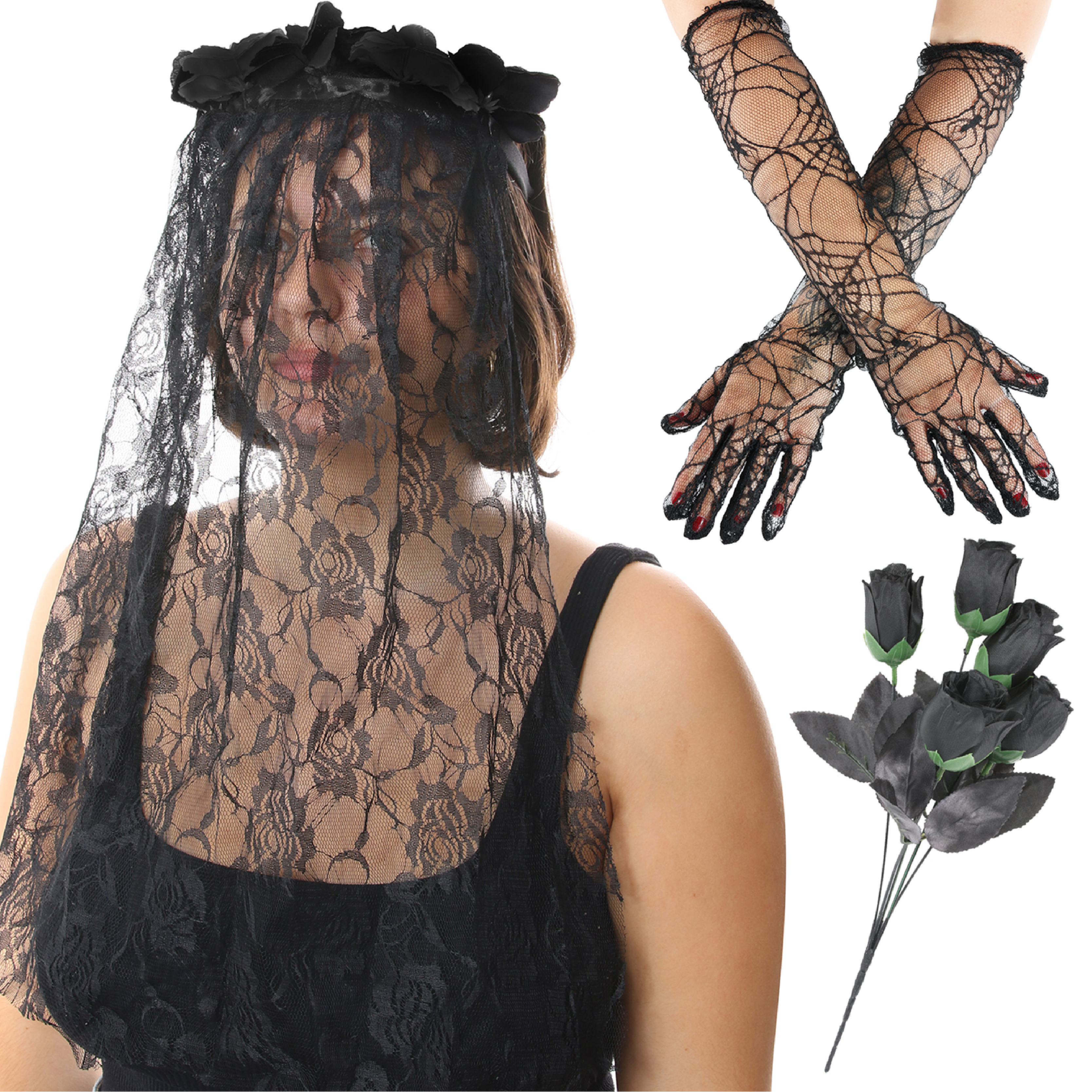 Ghost Bride Accessory Set - Veil, Bouquet & Gloves