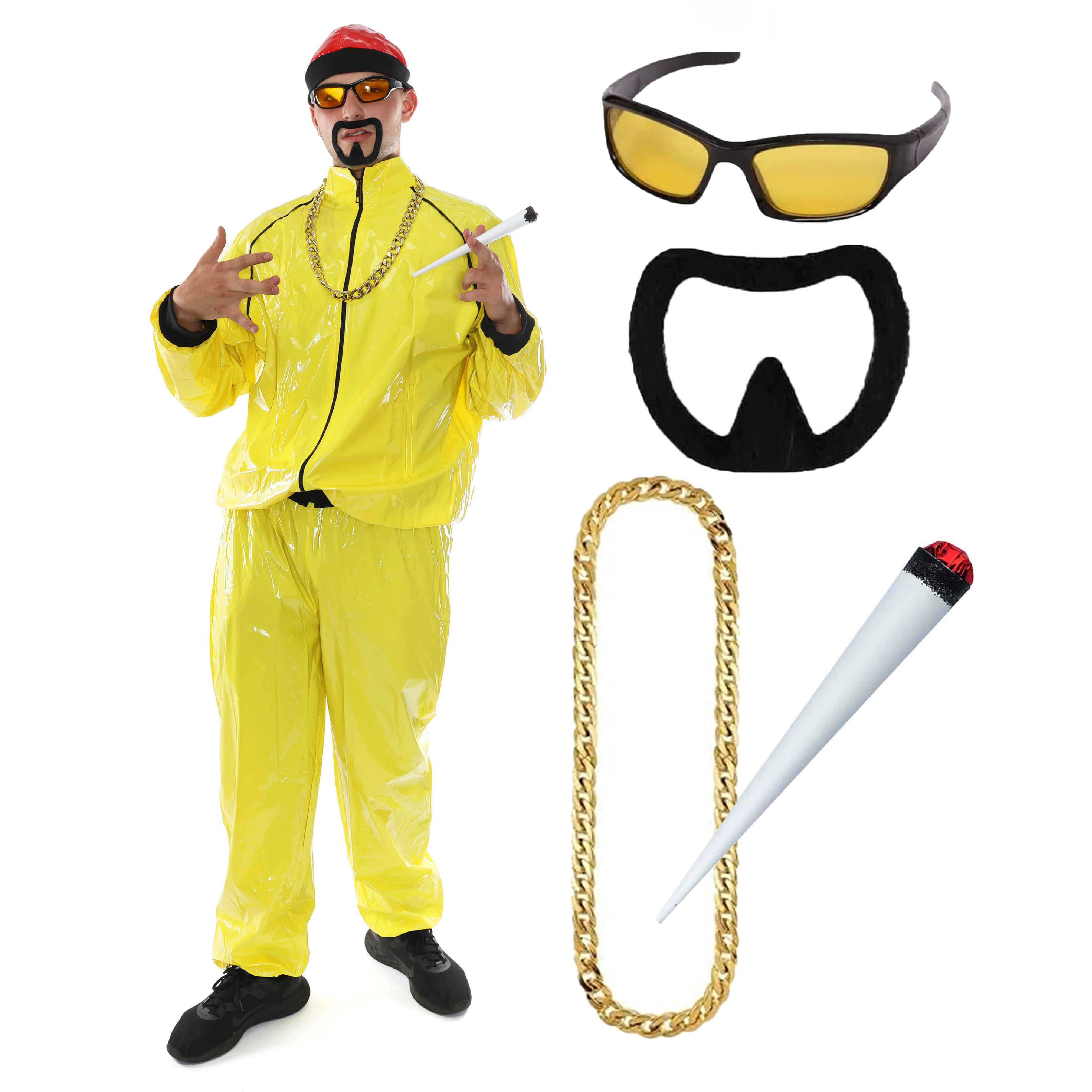 Adults Funny 90's Rapper Costume - Red Hat, Glasses, Goatee, Gold Chain & Spliff