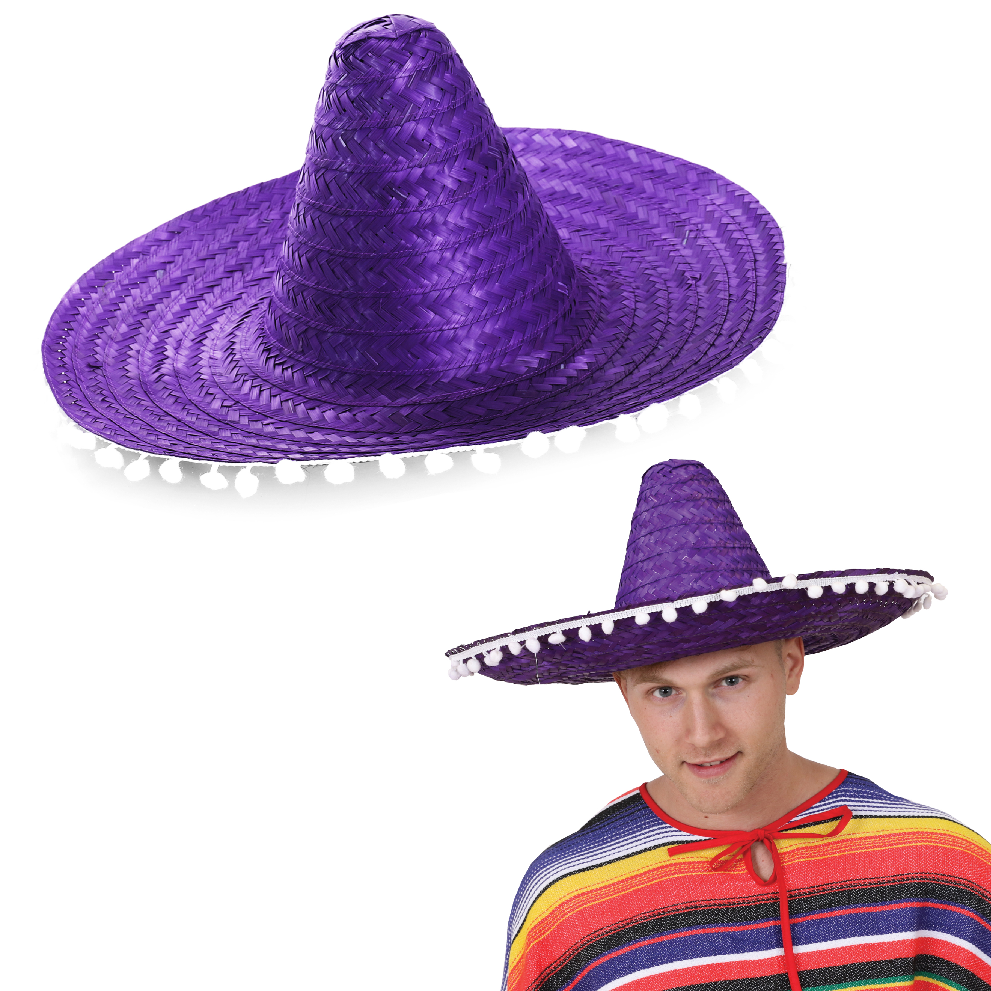 Purple Mexican Sombrero with Pom Pom Edging