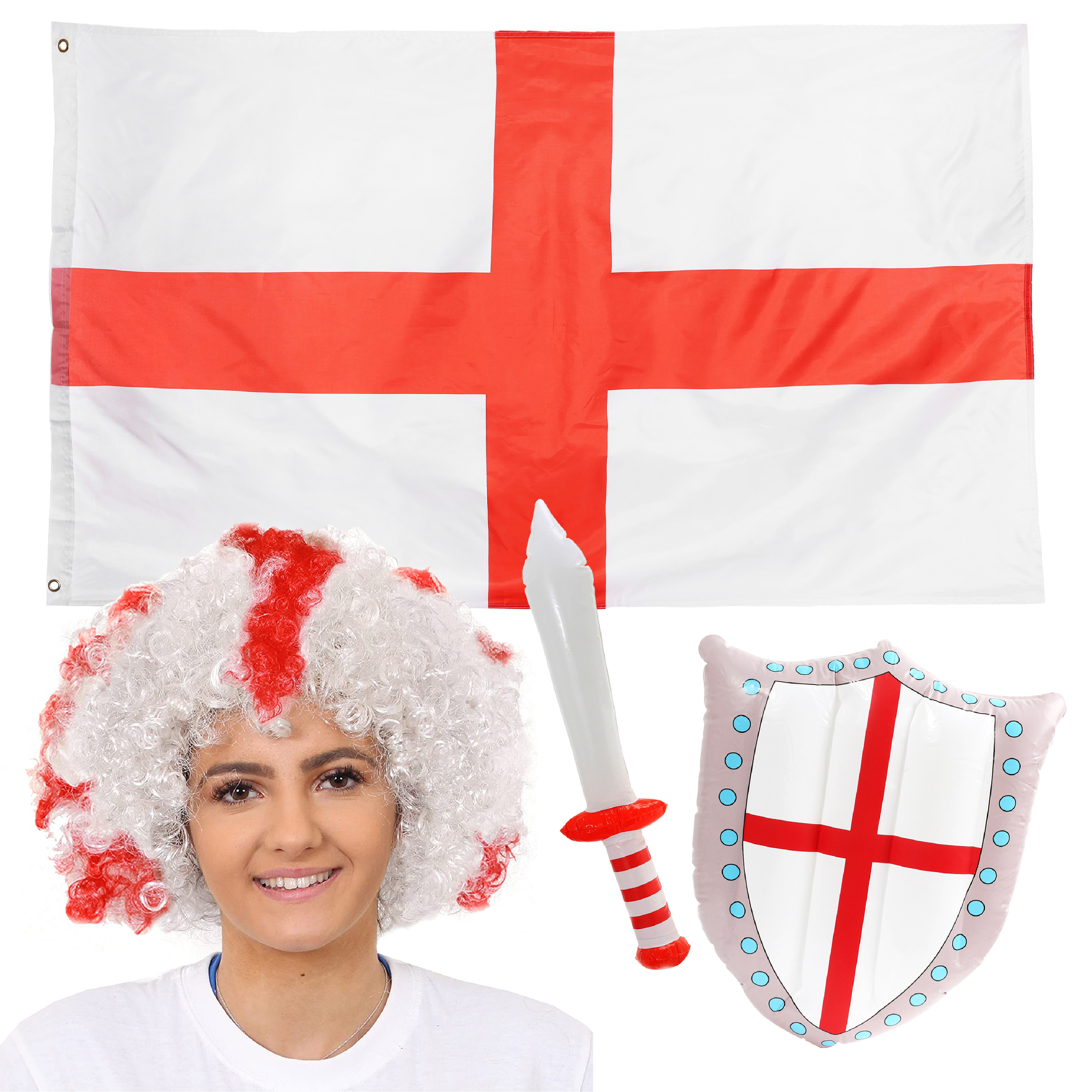 Red & White England Afro Wig, 5ft x 3ft Flag & Inflatable Sword & Shield