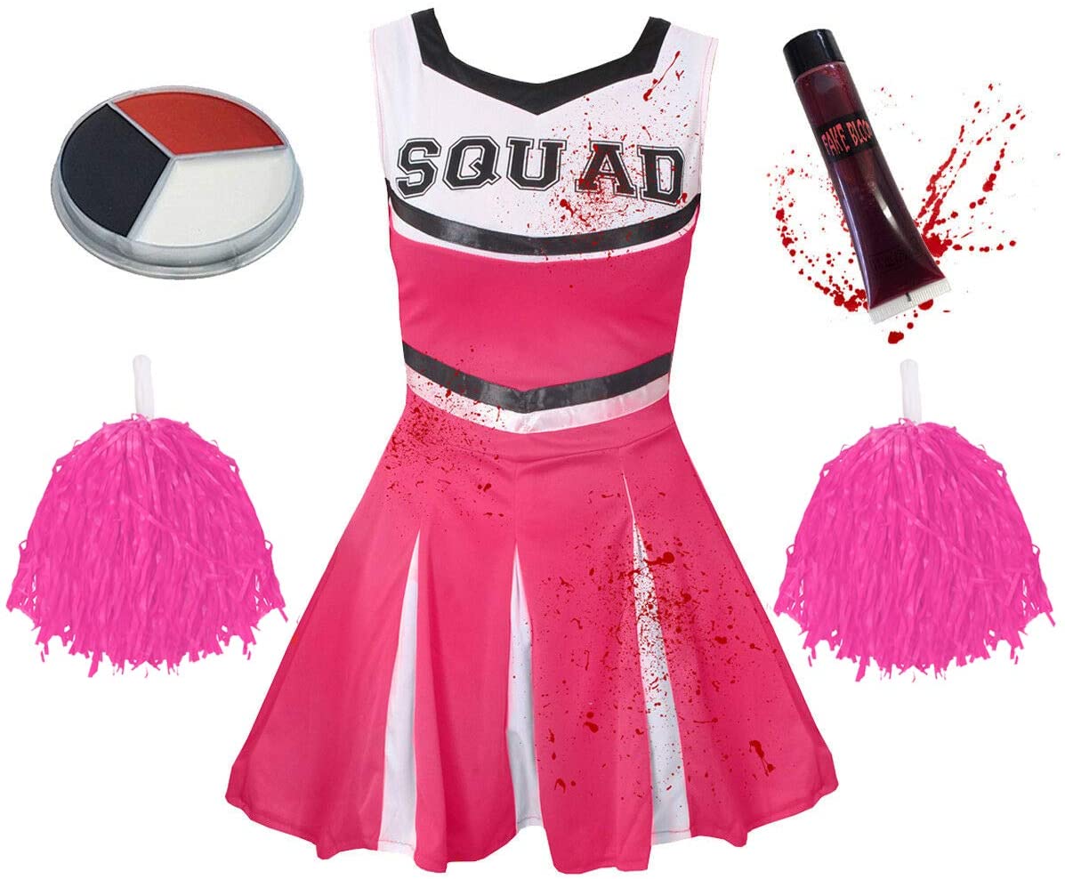 Deluxe Girls Pink Zombie Cheerleader Halloween Fancy Dress Costume