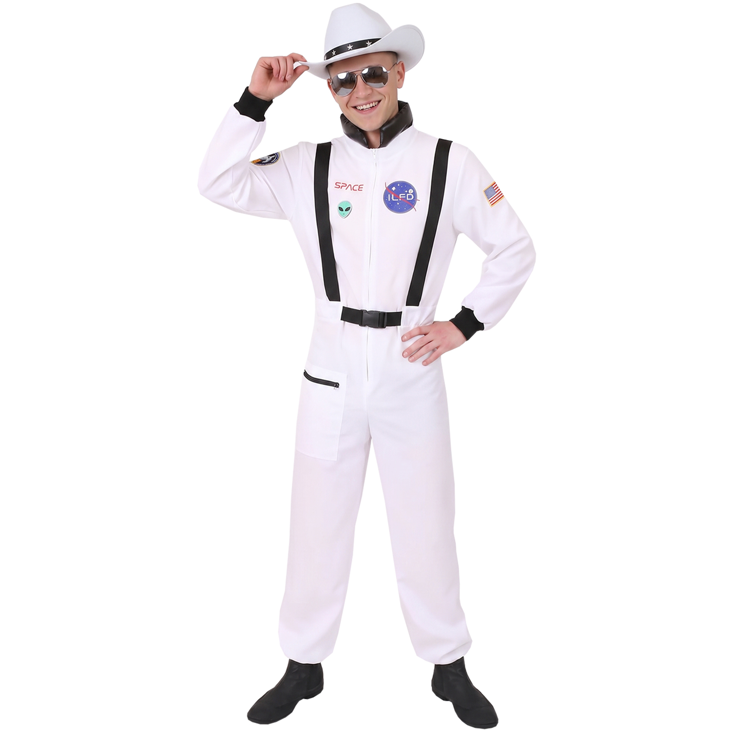 Adults Space Cowboy Costume | 3 Pcs | Space Suit, White Star Studded Hat & Mirrored Glasses