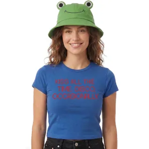 Ladies Pop-Inspired Concert Set | Royal Blue Baby Tee & Green Frog Bucket Hat | "KISS ALL THE TIME. DISCO OCCASIONALLY"