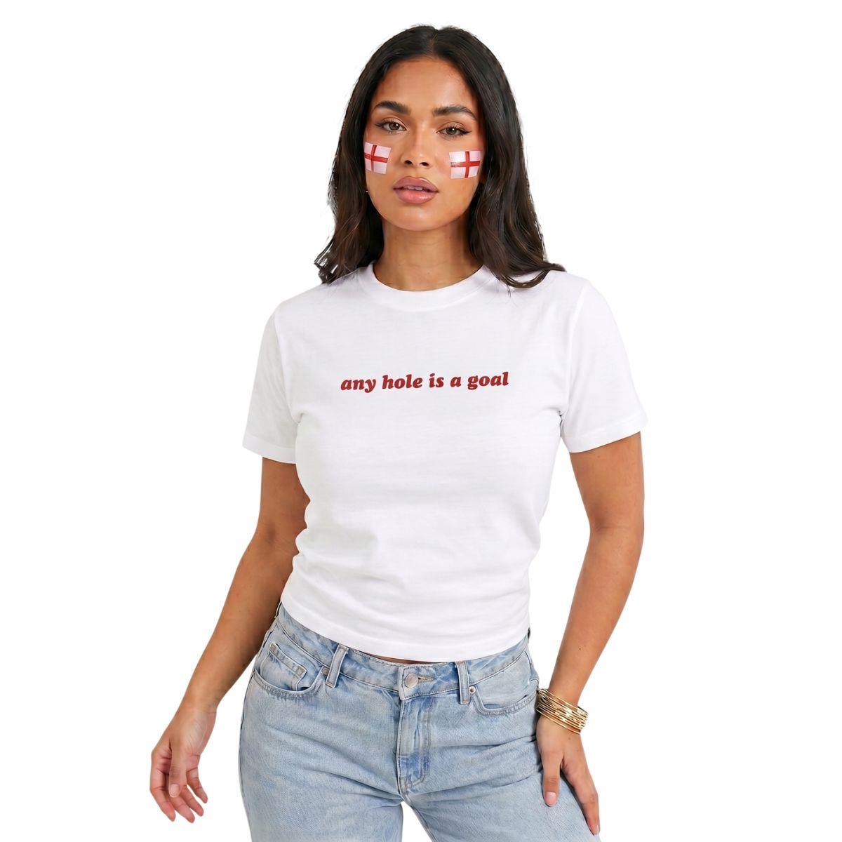 Women’s Baby Tee & 2 England Flag Tattoos - “Any Hole is a Goal” Football Slogan Top