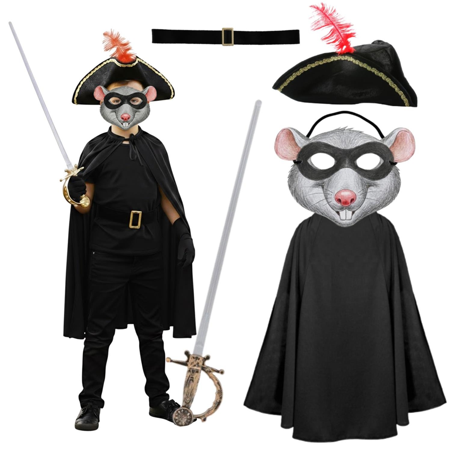 Childs Highway Rodent Costume | 5 Pcs | Cape, Feather Tricorn Hat, Rat Mask, Sword & Belt
