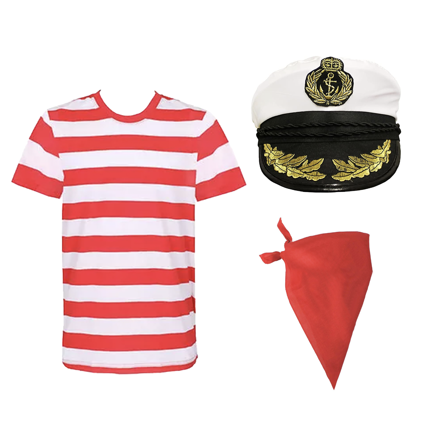 Adults Sailor Costume Set - Red & White Tee, Captain Hat & Red Bandana