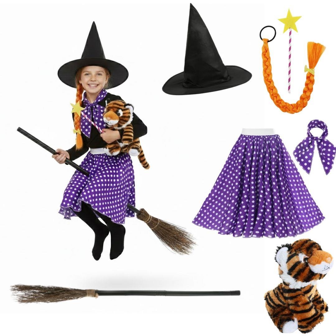 Child's Kind Witch Costume | 6 Pcs | Skirt, Hat, Broom, Plait, Wand & Tiger