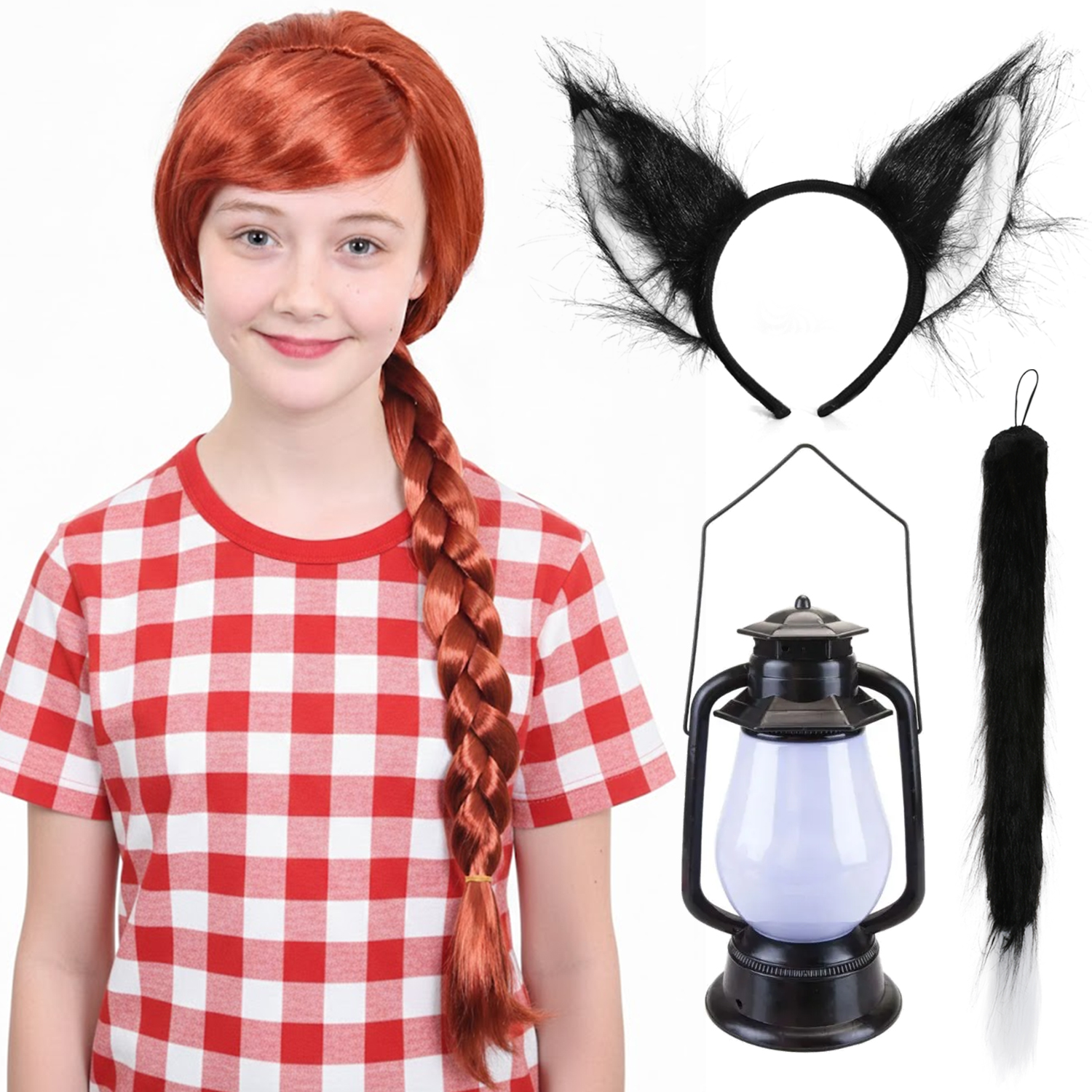 Kids Rebel Girl Costume Set | 4 Pcs | Plait Wig, Cat Ears, Thin Tail & Lantern