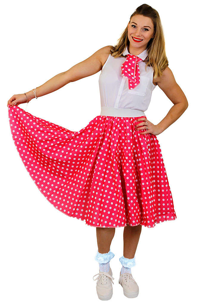 Ladies Long Polka Dot Skirt - Hot Pink/White