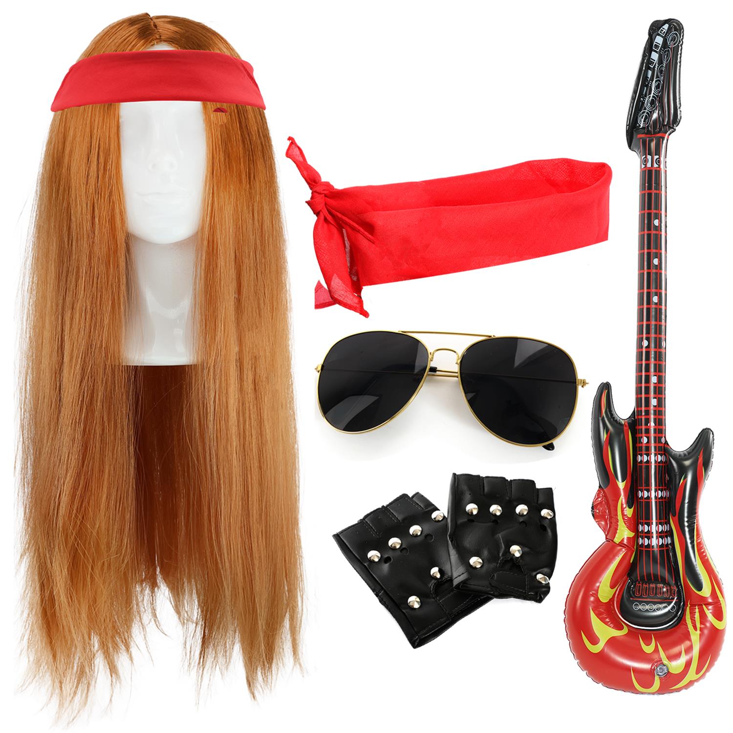 Axl Rose Inspired Accessory Set | 5 Pcs | Ginger Wig, Red Bandana, Gloves, Inflatable Guitar & Glasses
