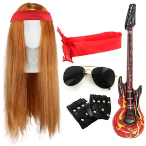 Axl Rose Inspired Accessory Set | 5 Pcs | Ginger Wig, Red Bandana, Gloves, Inflatable Guitar & Glasses