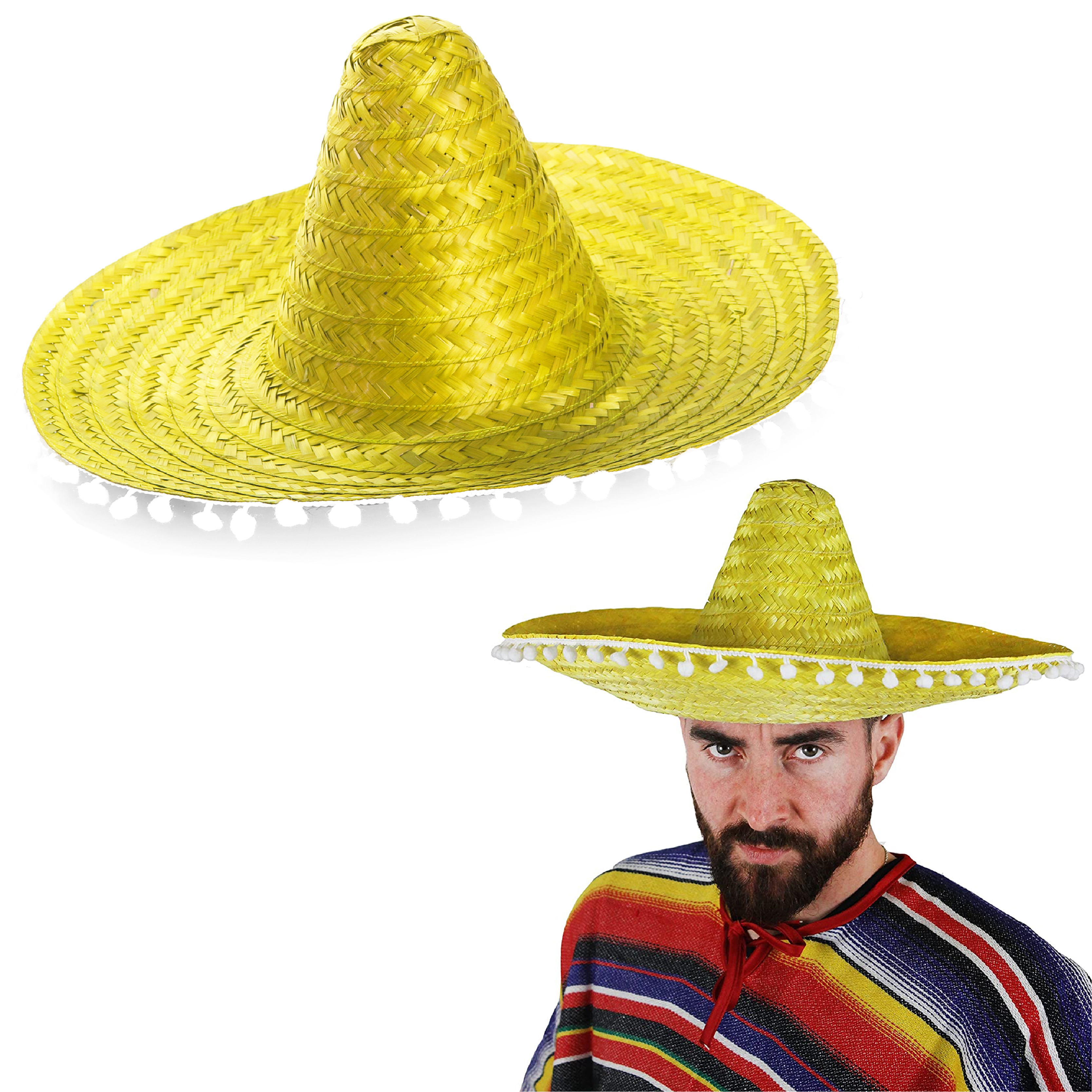 Yellow Mexican Sombrero with Pom Pom Edging