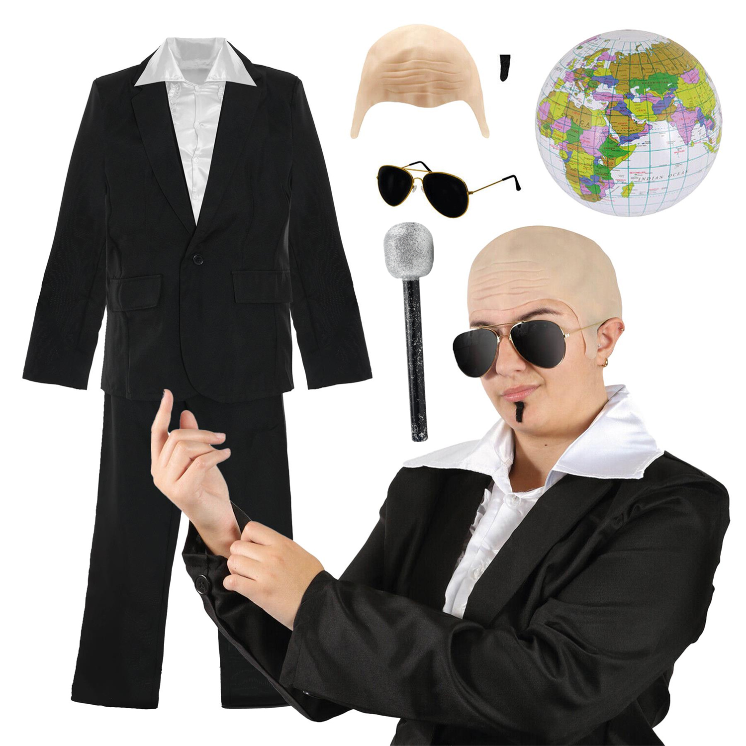 Mr Worldwide Deluxe Costume Small Set - Bald Cap, Glasses, Soul Patch, Inflatable Globe, Microphone Suit and Shirt - Pitbull Costume