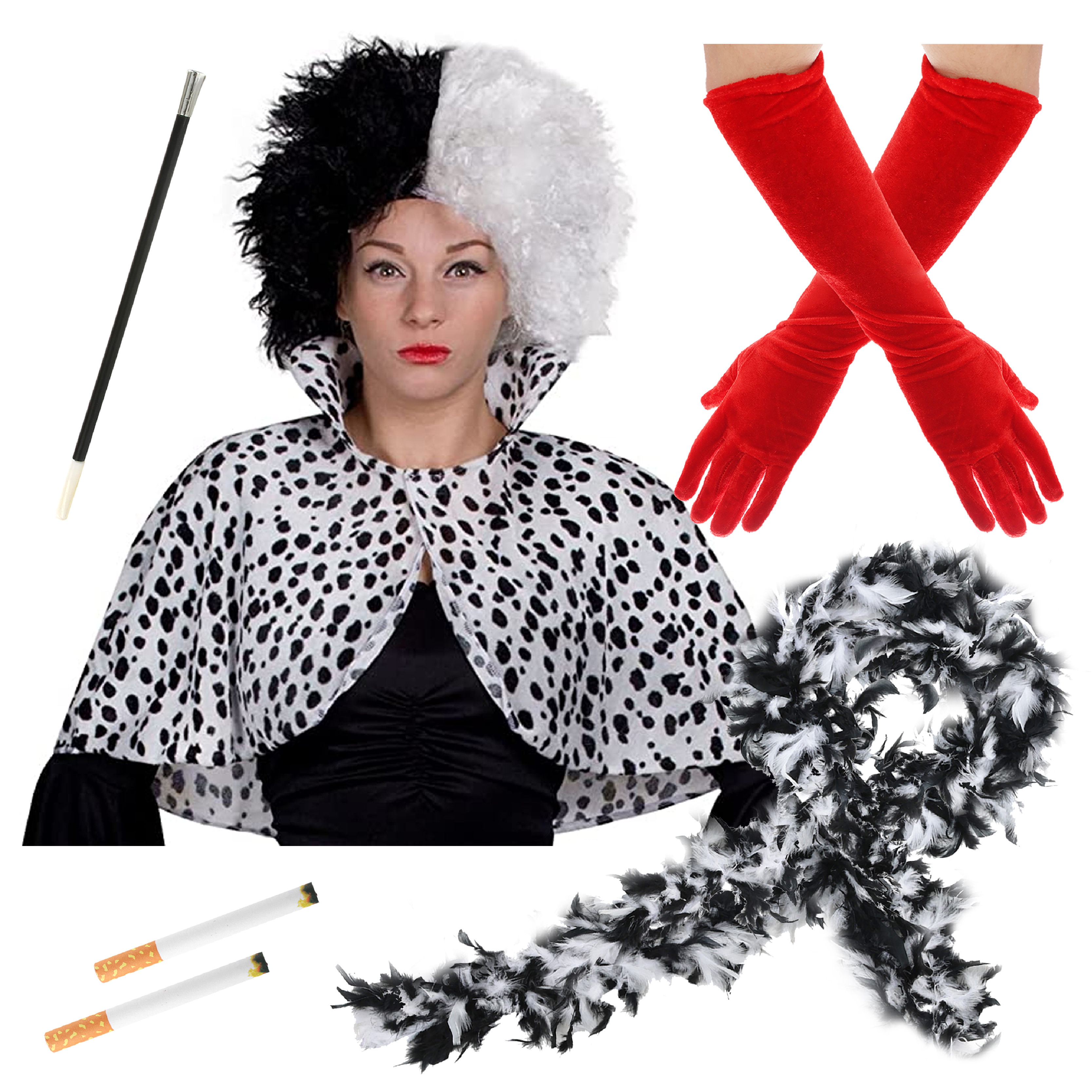 Evil Dog Lady Accessory Set - Cape, Crimped Wig, Red Velour Gloves, Fake Cigarettes & Feather Boa