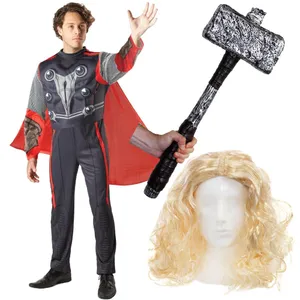 Mens Thor Muscle Chest Jumpsuit Costume with Large Platic Hammer & Wig