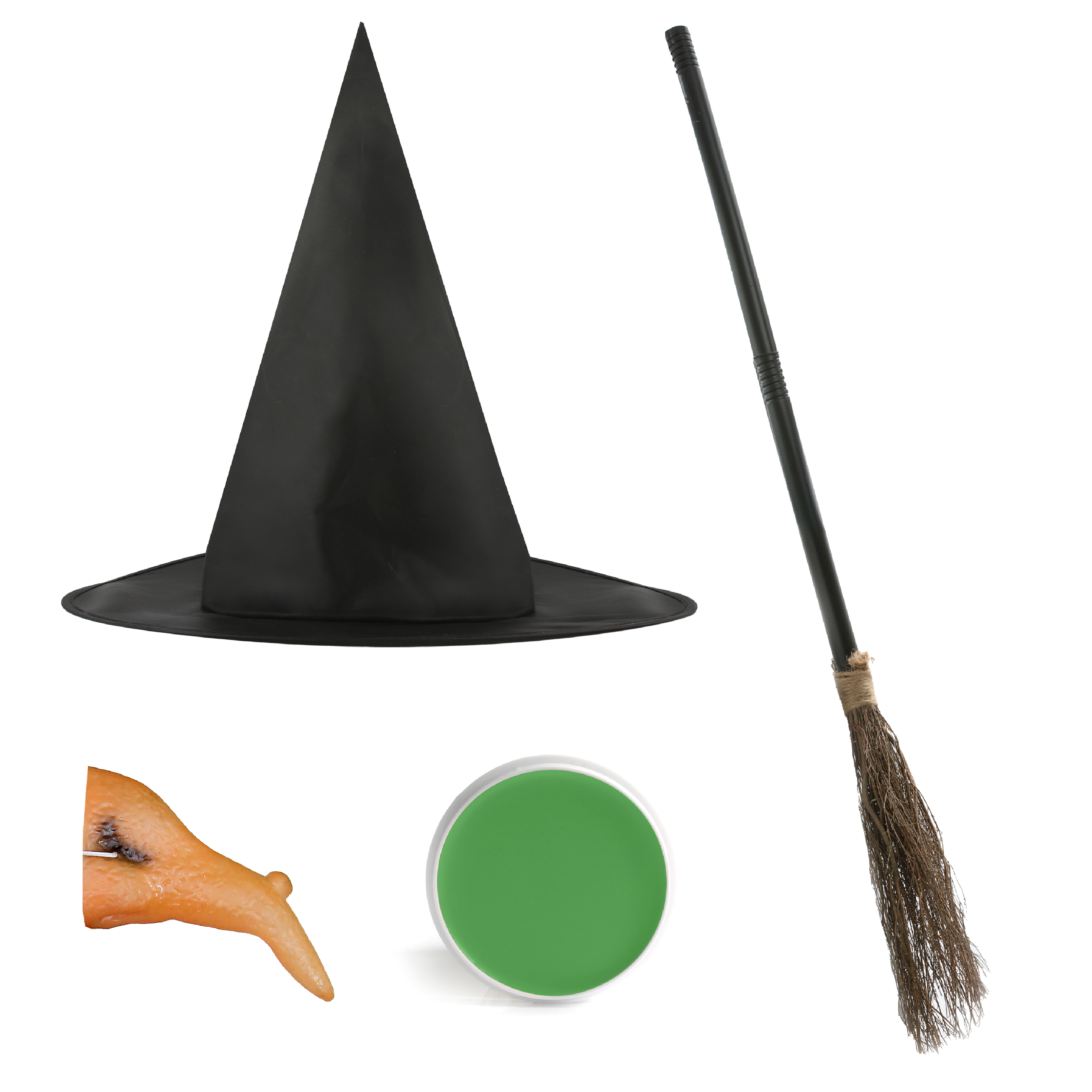Ladies Witch Accessory Set - Hat, Broom, Nose & Face Paint