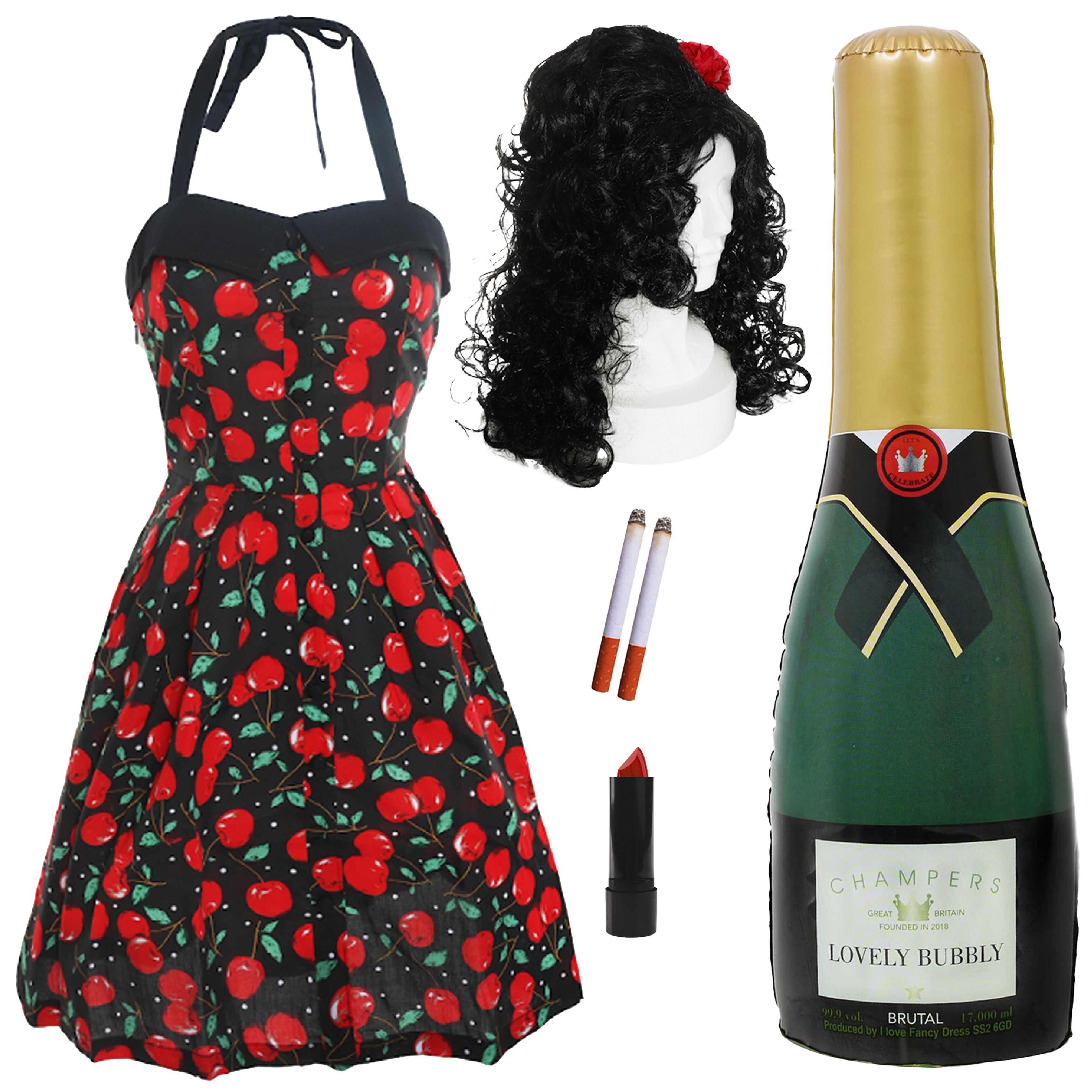 2000's Singer Costume - with Beehive Wig, Lipstick, Fake Cigarettes & Inflatable Champagne Bottle
