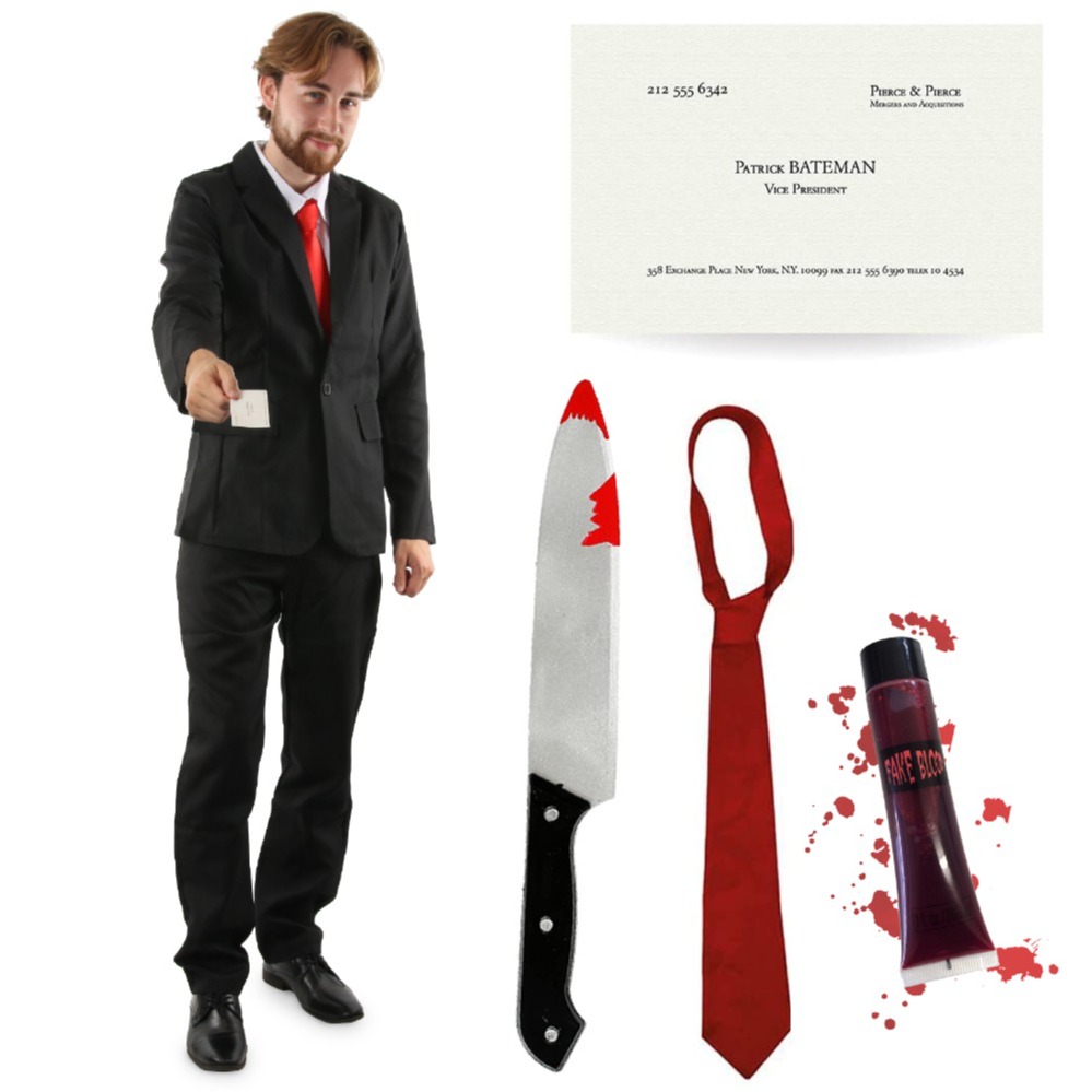 Adults Patrick Bateman Costume | 5 Pcs | Suit, Knife, Red Tie, Blood & Business Card
