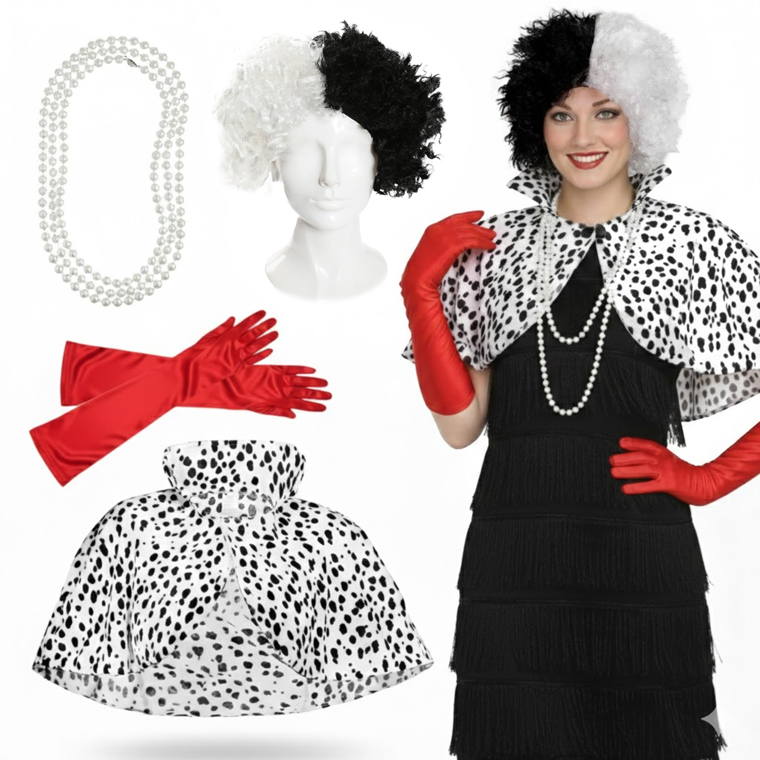 Ladies Evil Dog Lady Costume | 5 Pcs | Dress, Cape, Crimped Wig, Gloves & Necklace