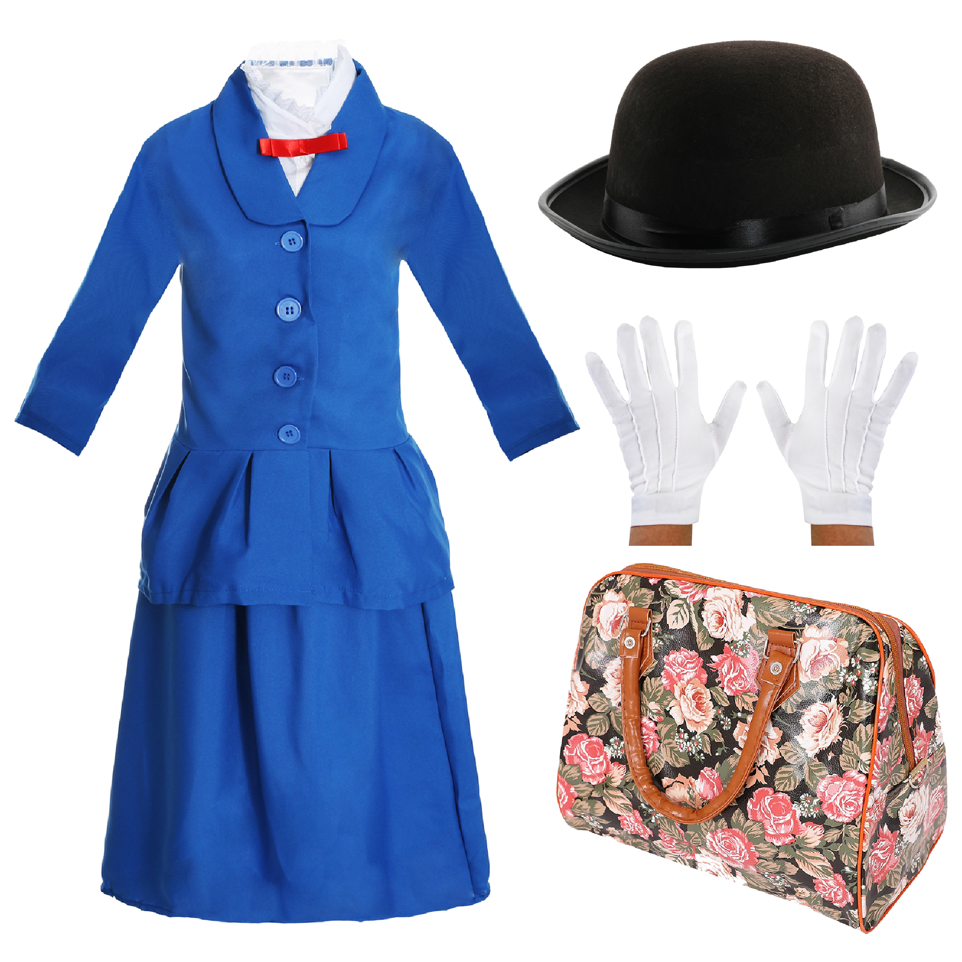 Girls Magical Nanny Costume - with Plain Bowler Hat, White Gloves & Floral Bag