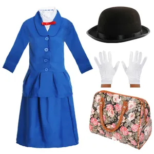 Girls Magical Nanny Costume - with Plain Bowler Hat, White Gloves & Floral Bag