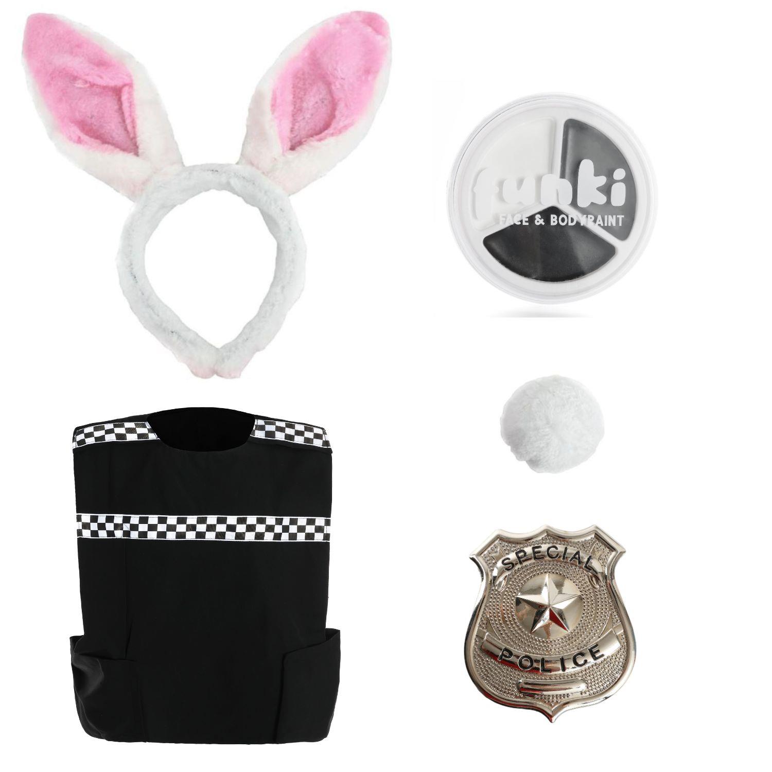Adults Judy Rabbit Costume | 5 Pcs | Bunny Ears, Tail, Police Vest, Badge & Face Paint