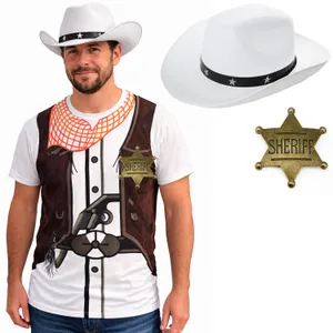 Adults Cowboy Costume | 3 Pcs | T-Shirt, White Cowboy Hat & Gold Badge