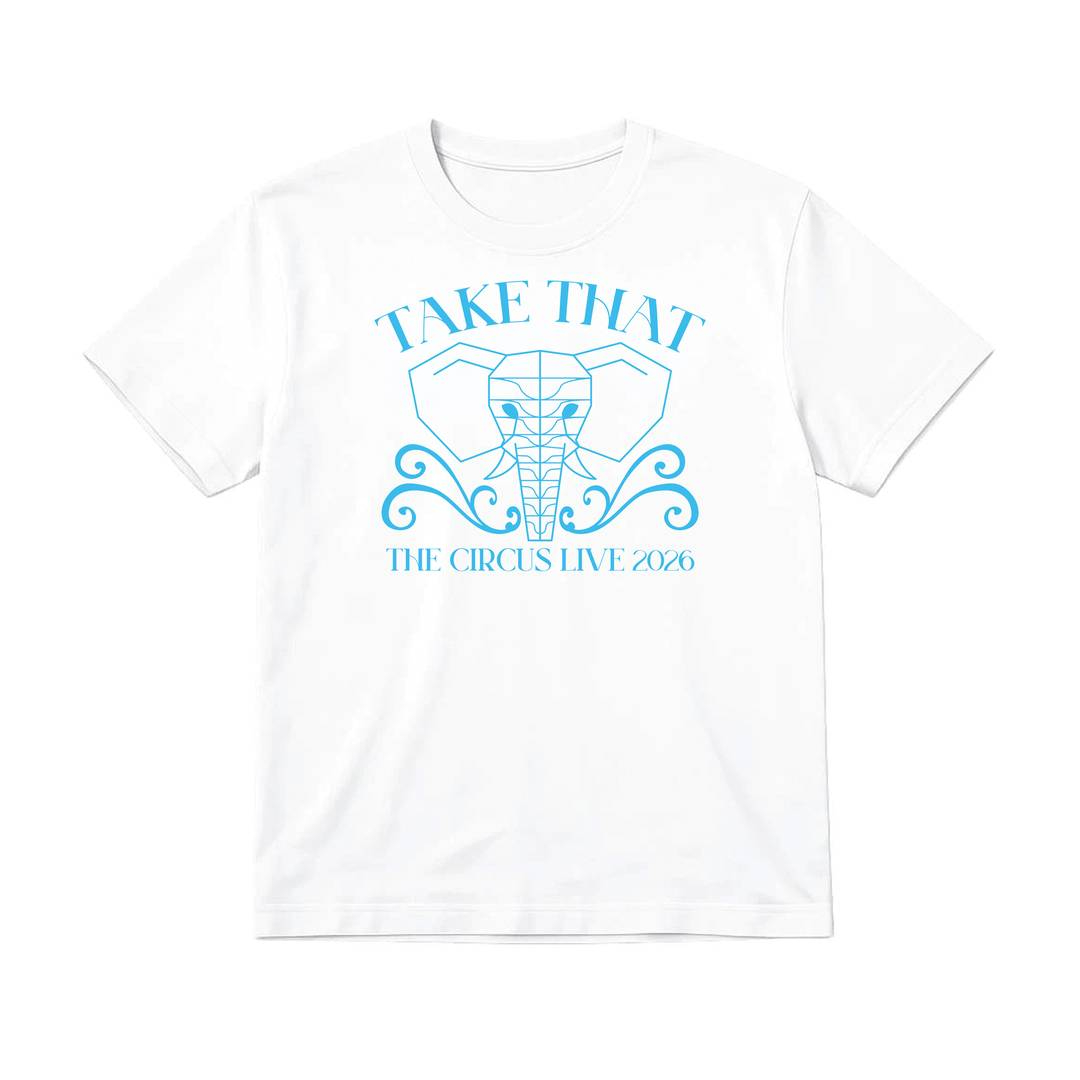 Adults Circus Tour T-Shirt | Unisex White Fan Tee with Blue Elephant Print