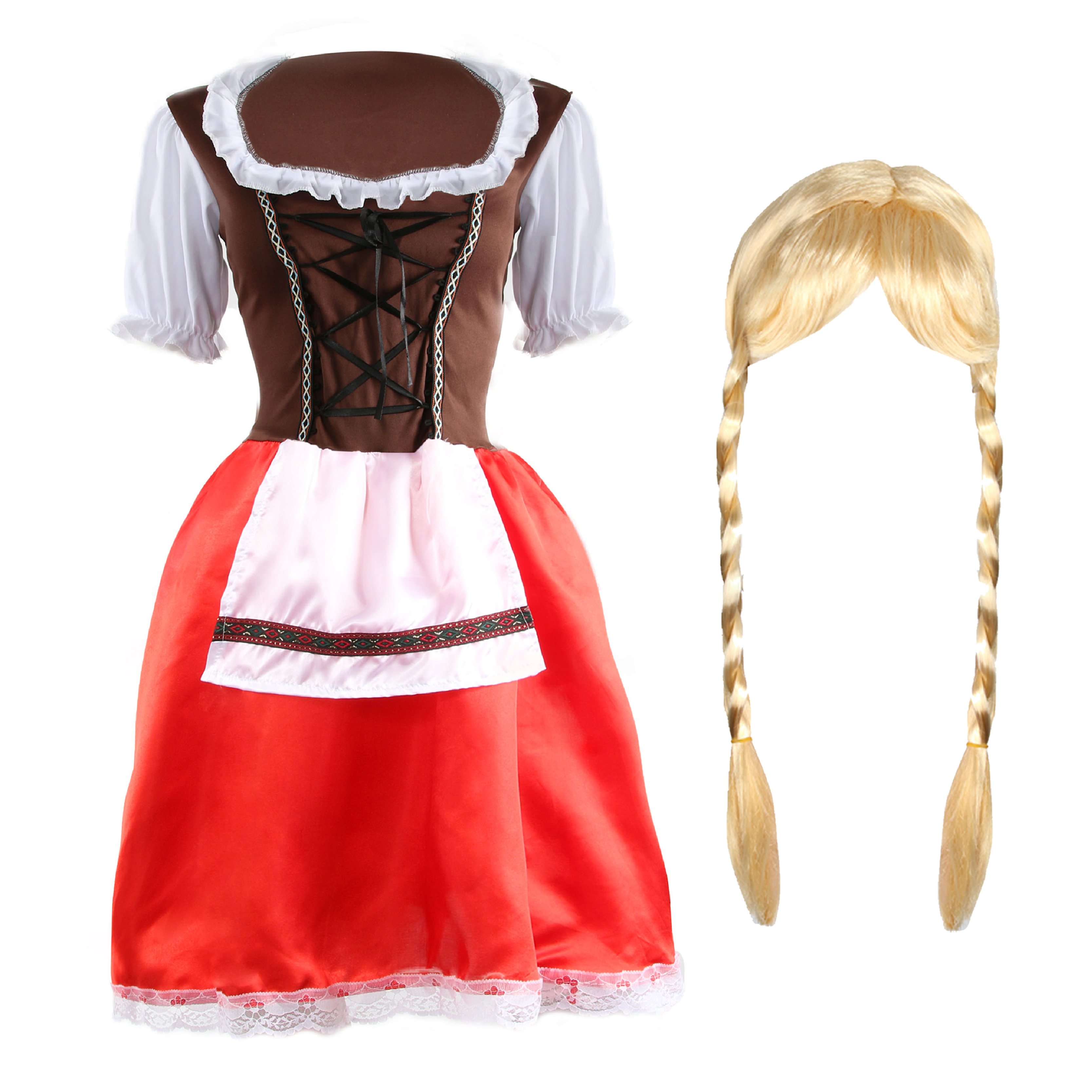 Ladies Red & Brown Bavarian Dress with Plait Wig