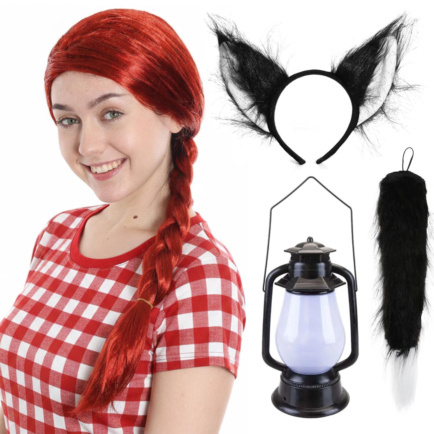 Adults Rebel Girl Costume Set | 4 Pcs | Plait Wig, Cat Ears, Thick Tail & Lantern