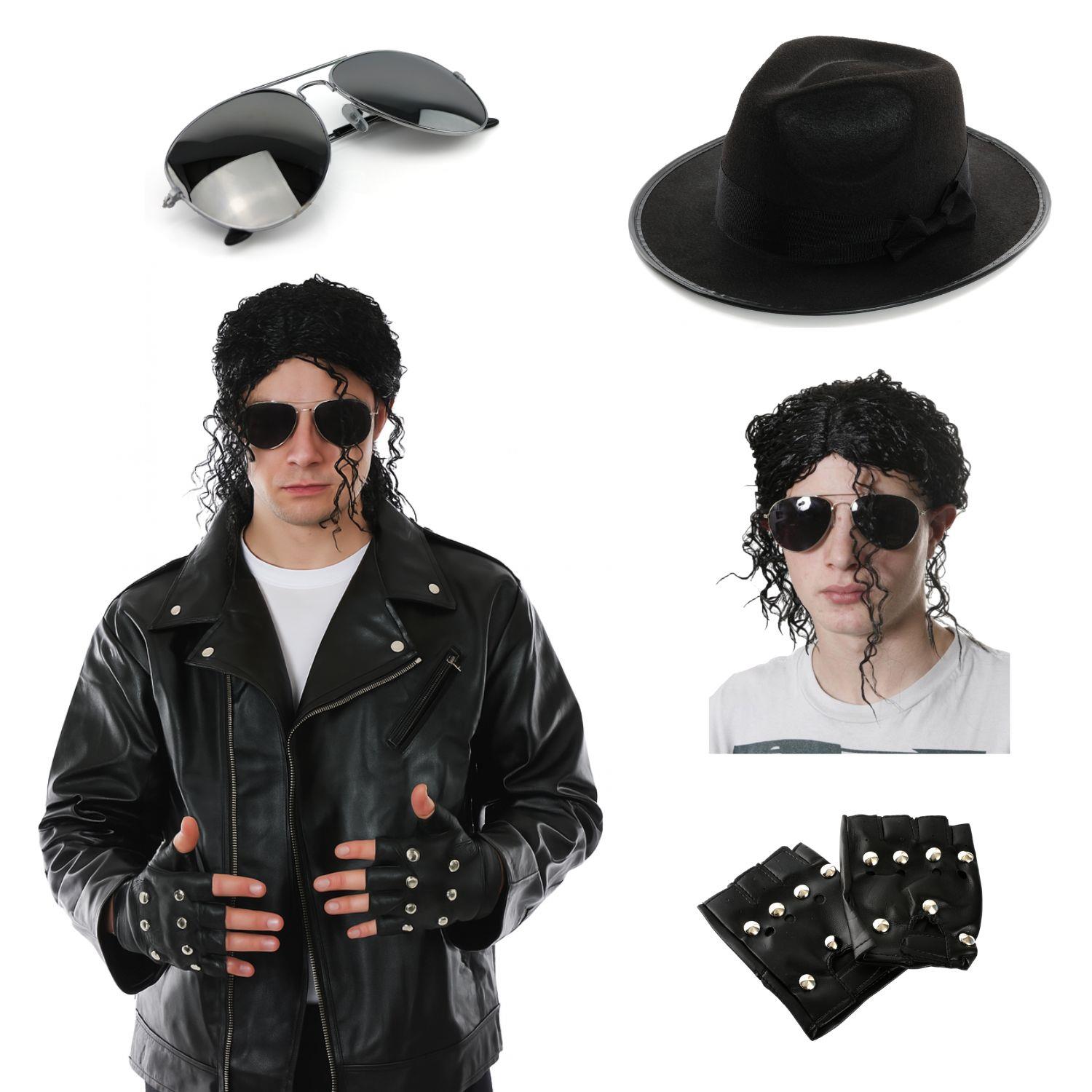 Adults King of Pop Costume | 5 Pcs | Leather Jacket, Wig, Gloves, Hat & Glasses