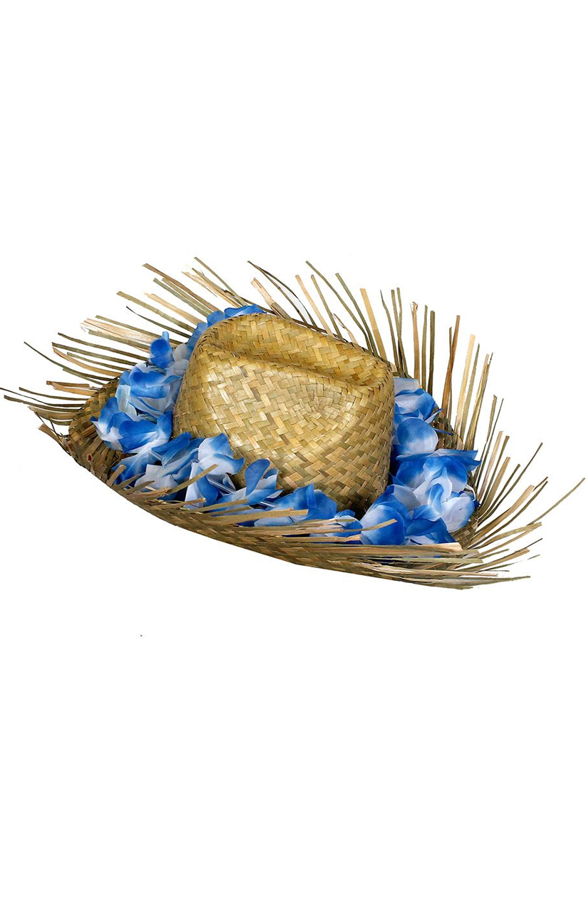 Straw Beachcomber with attached Blue Lei