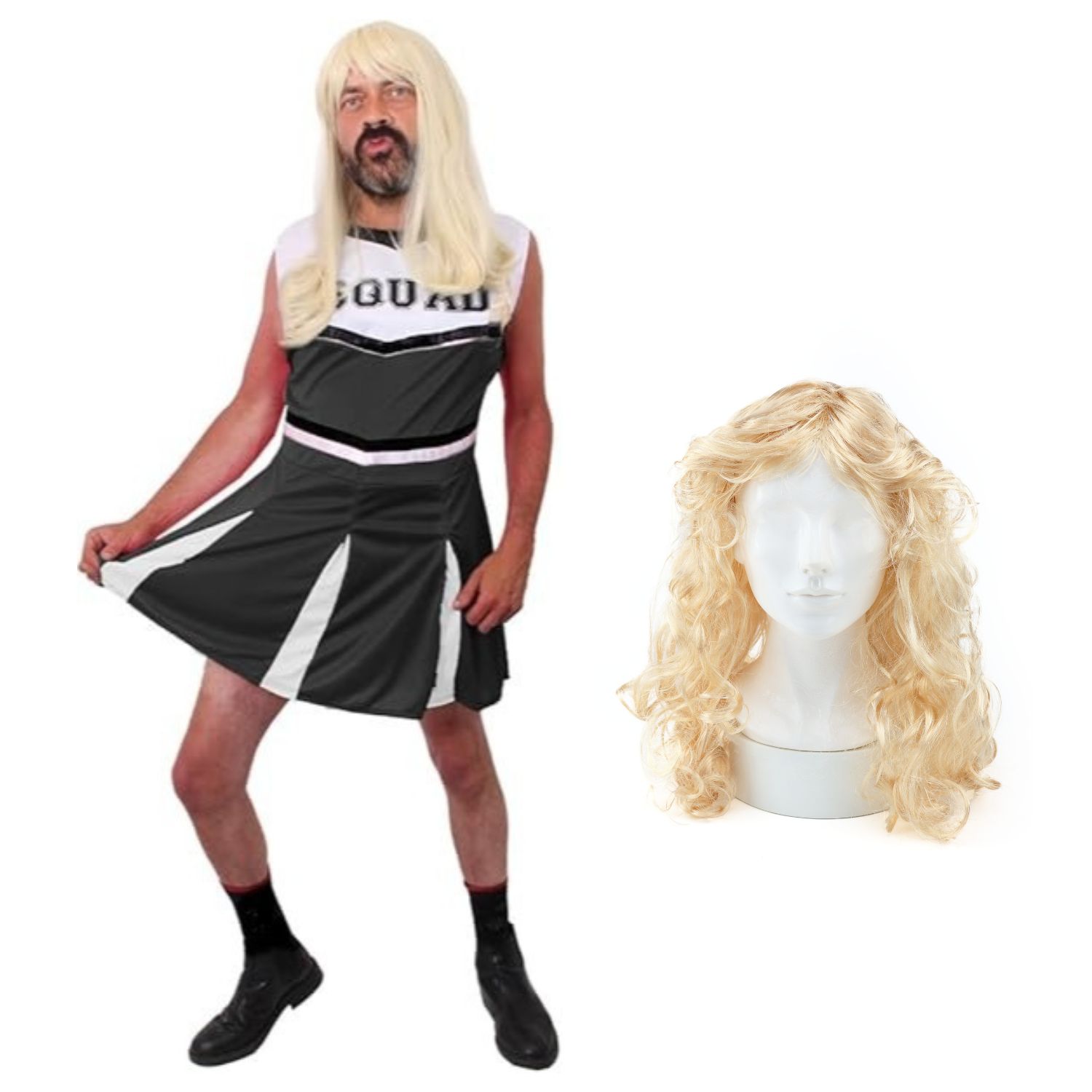 Mens Black Cheerleader Stag Do Costume with Wig