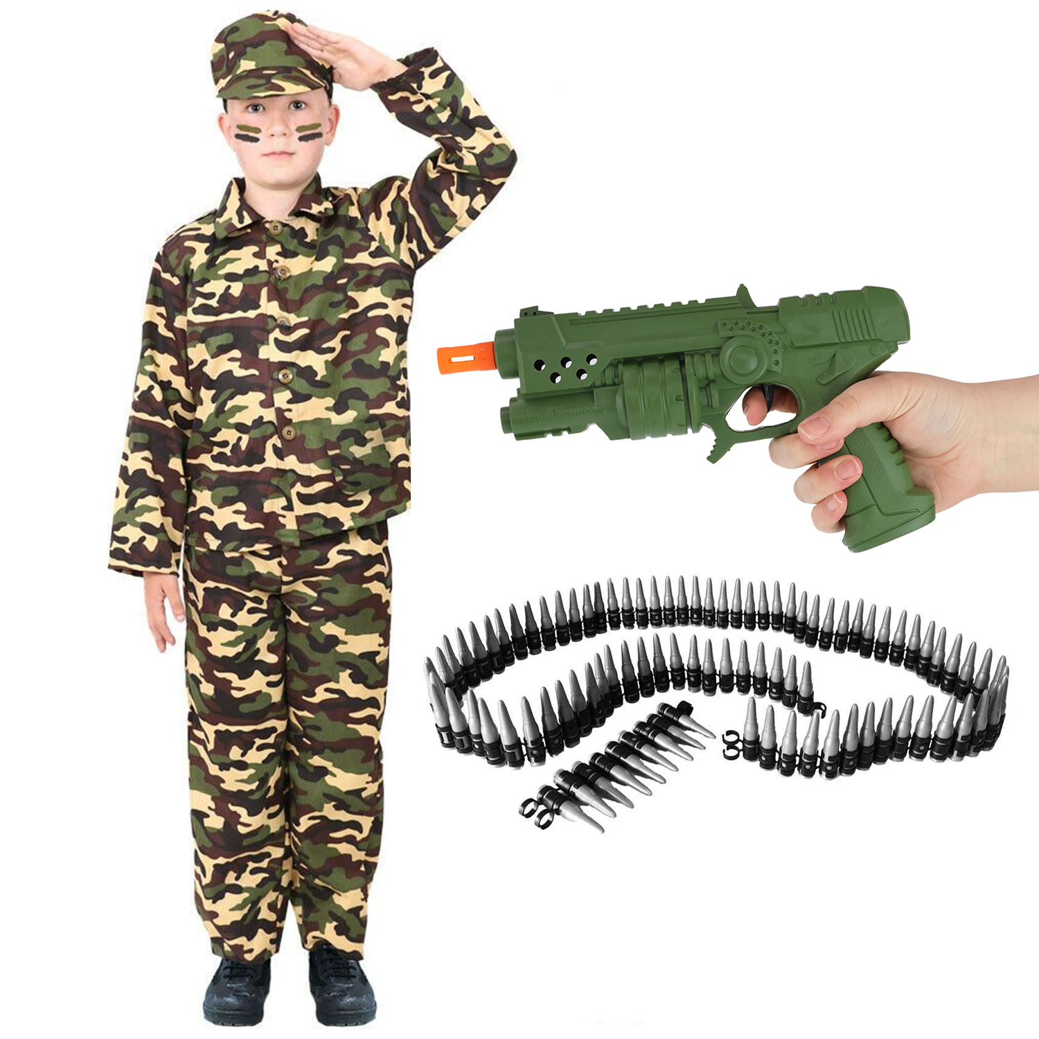 Boy's Army Costume with Toy Gun, Bandana, Face Paint & Bullet Belt