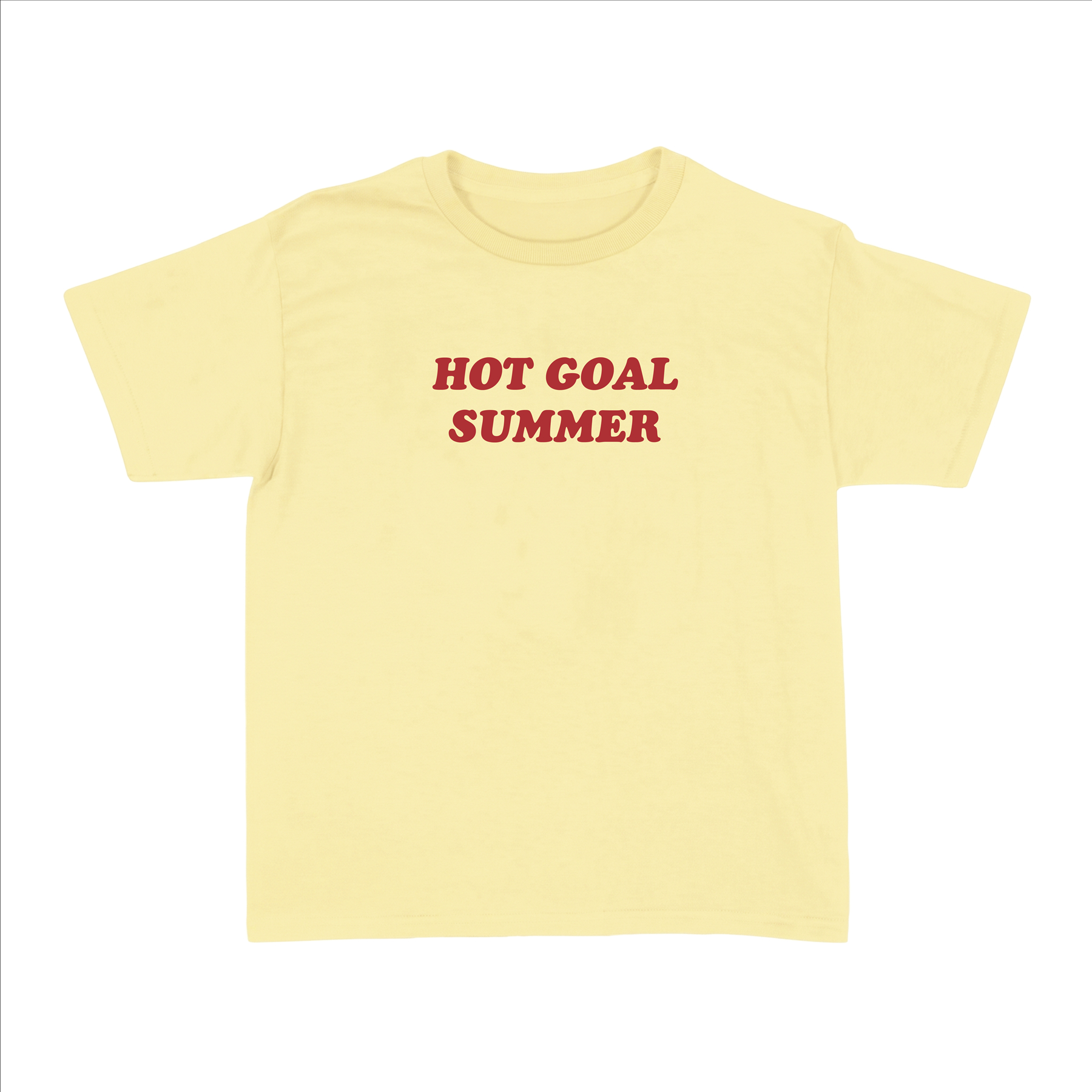 Ladies “Hot Goal Summer” Baby Tee | Women’s Funny Football Supporter Tee | Yellow Slogan Top with Red Text