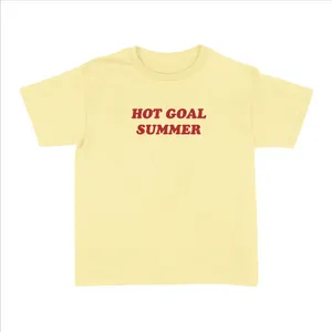 Ladies “Hot Goal Summer” Baby Tee | Women’s Funny Football Supporter Tee | Yellow Slogan Top with Red Text