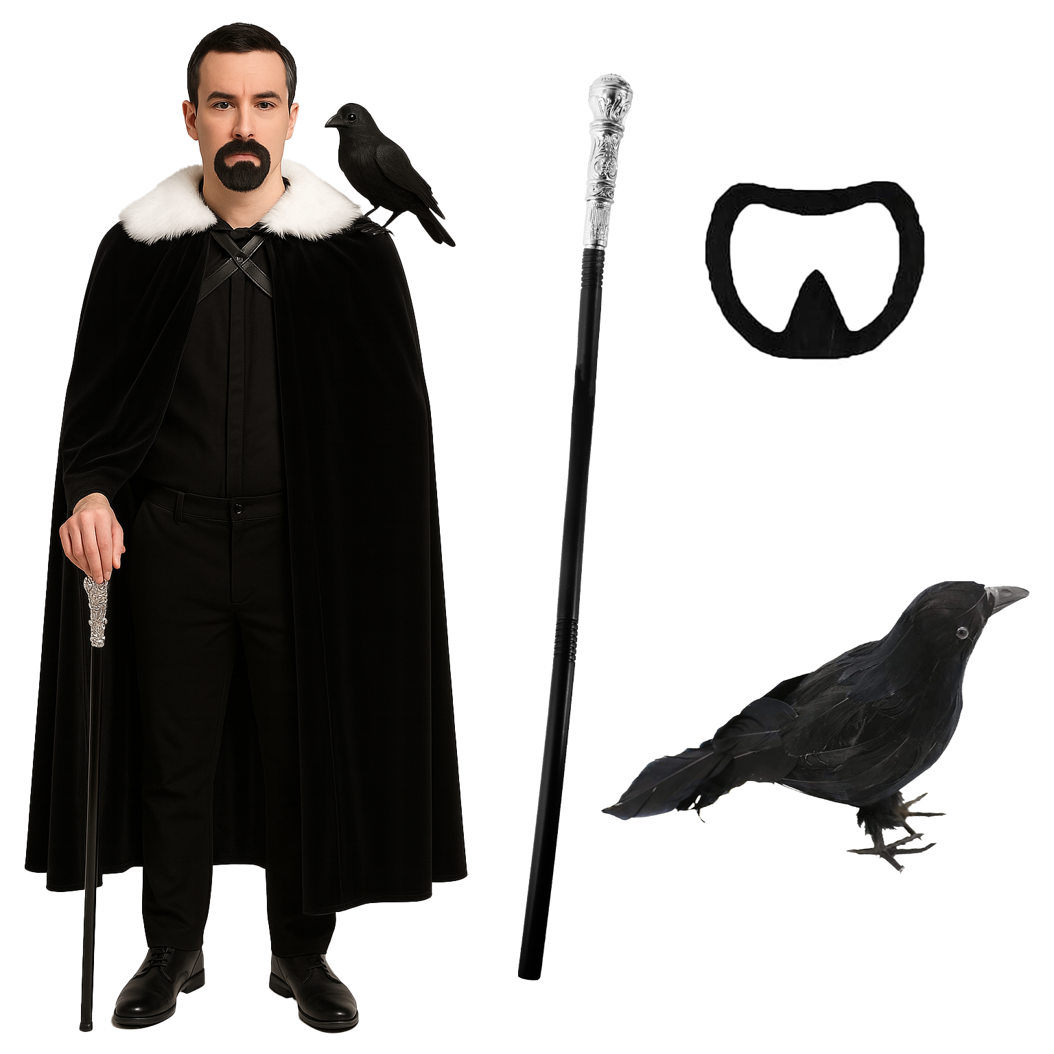 Adults Raven Man Costume | 4 Pcs | Cloak, Beard, Cane & Crow