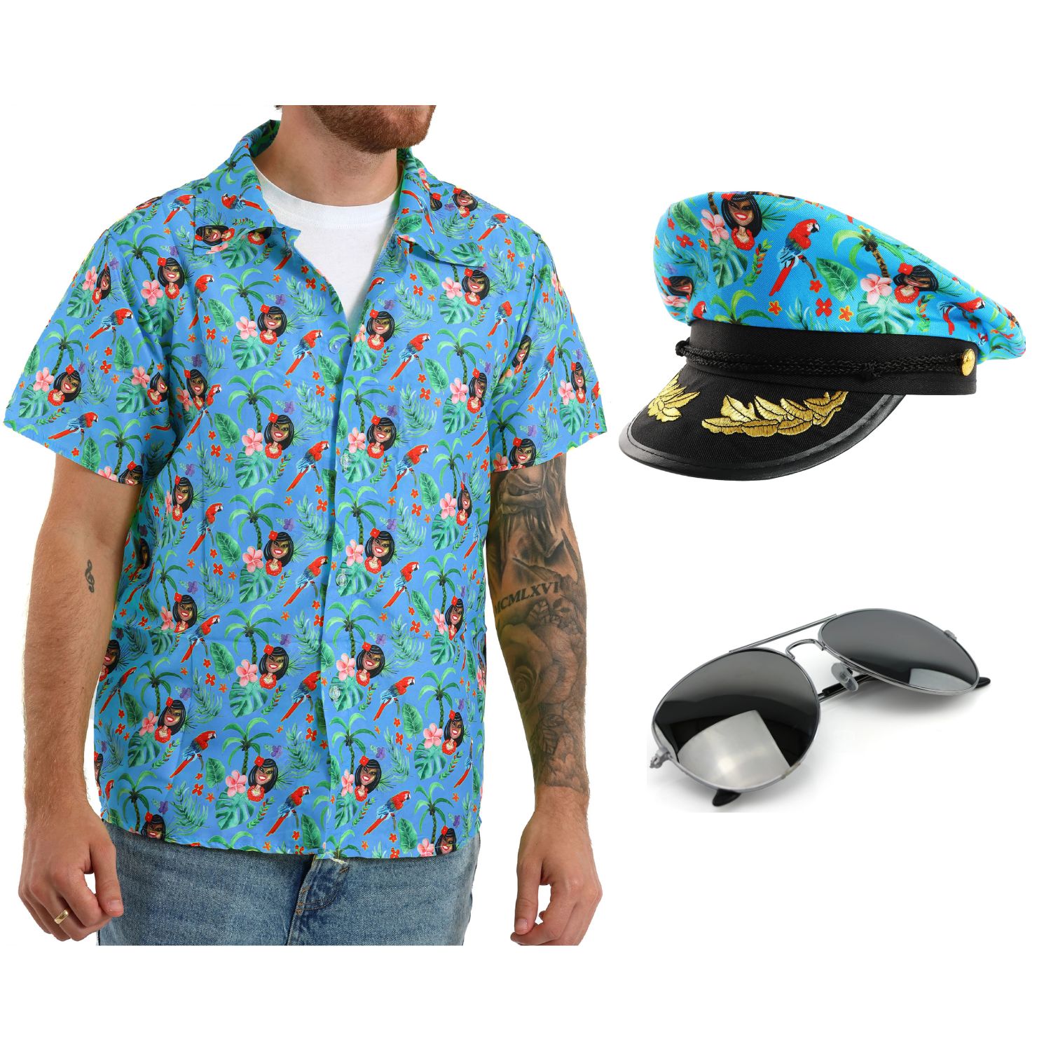 Adults Hawaiian Costume | 3 Pcs | Unisex Blue Hawaiian Print Shirt, Sailor Hat & Sunglasses