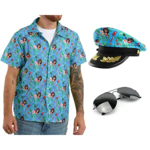 Adults Hawaiian Costume | 3 Pcs | Unisex Blue Hawaiian Print Shirt, Sailor Hat & Sunglasses