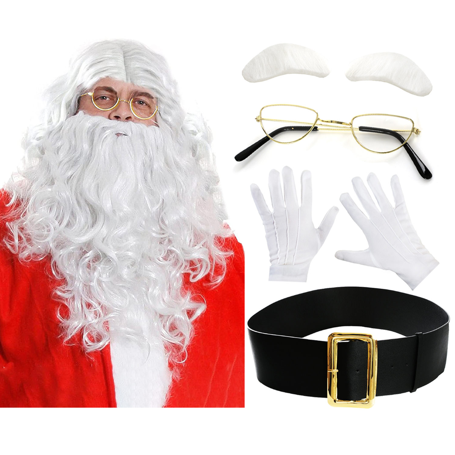 Santa Set - Wig, Beard, Gloves, Glasses, Eyebrows & Santa Belt
