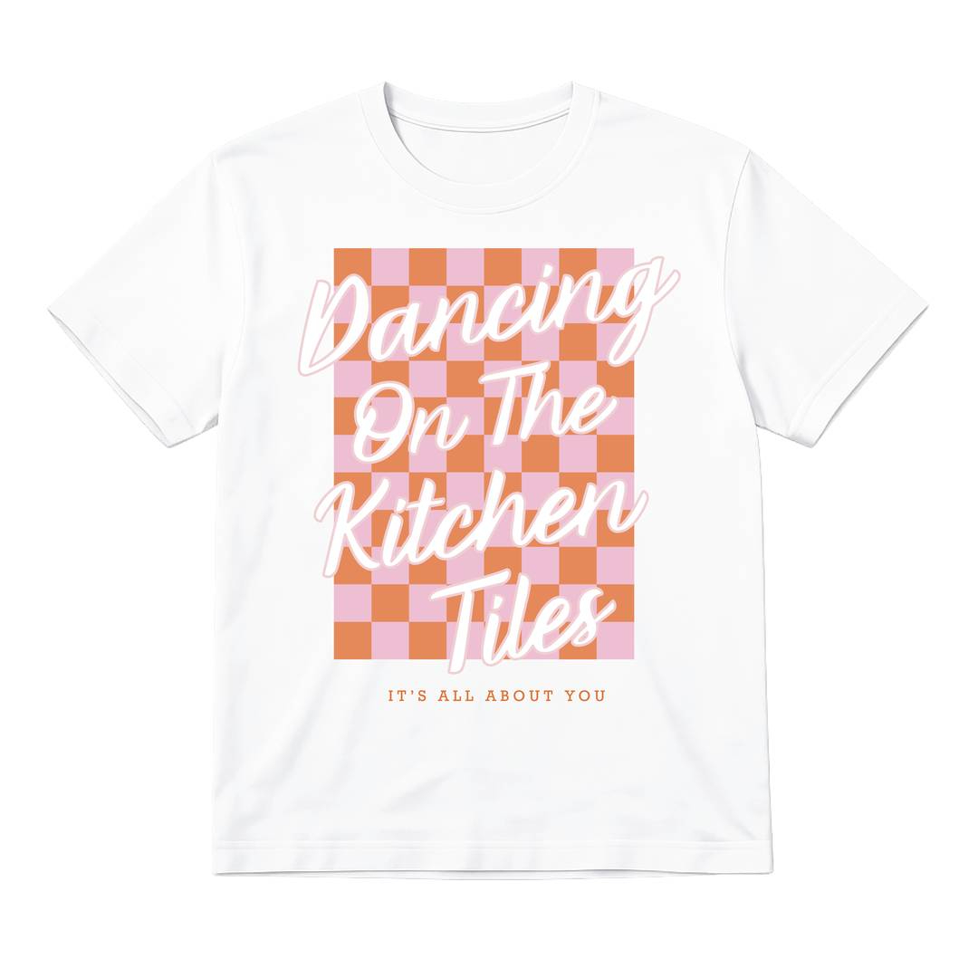 Ladies Pop Rock-Inspired Baby Tee | White Graphic T-Shirt | "Dancing on the Tiles" Print | 100% Cotton