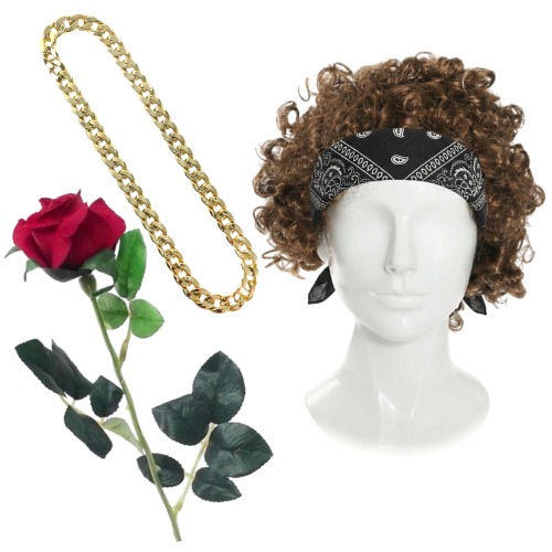 Adults 24 Karat Pop Star Accessory Set | 4 Pcs | Brown Wig, Banana, Chain & Rose