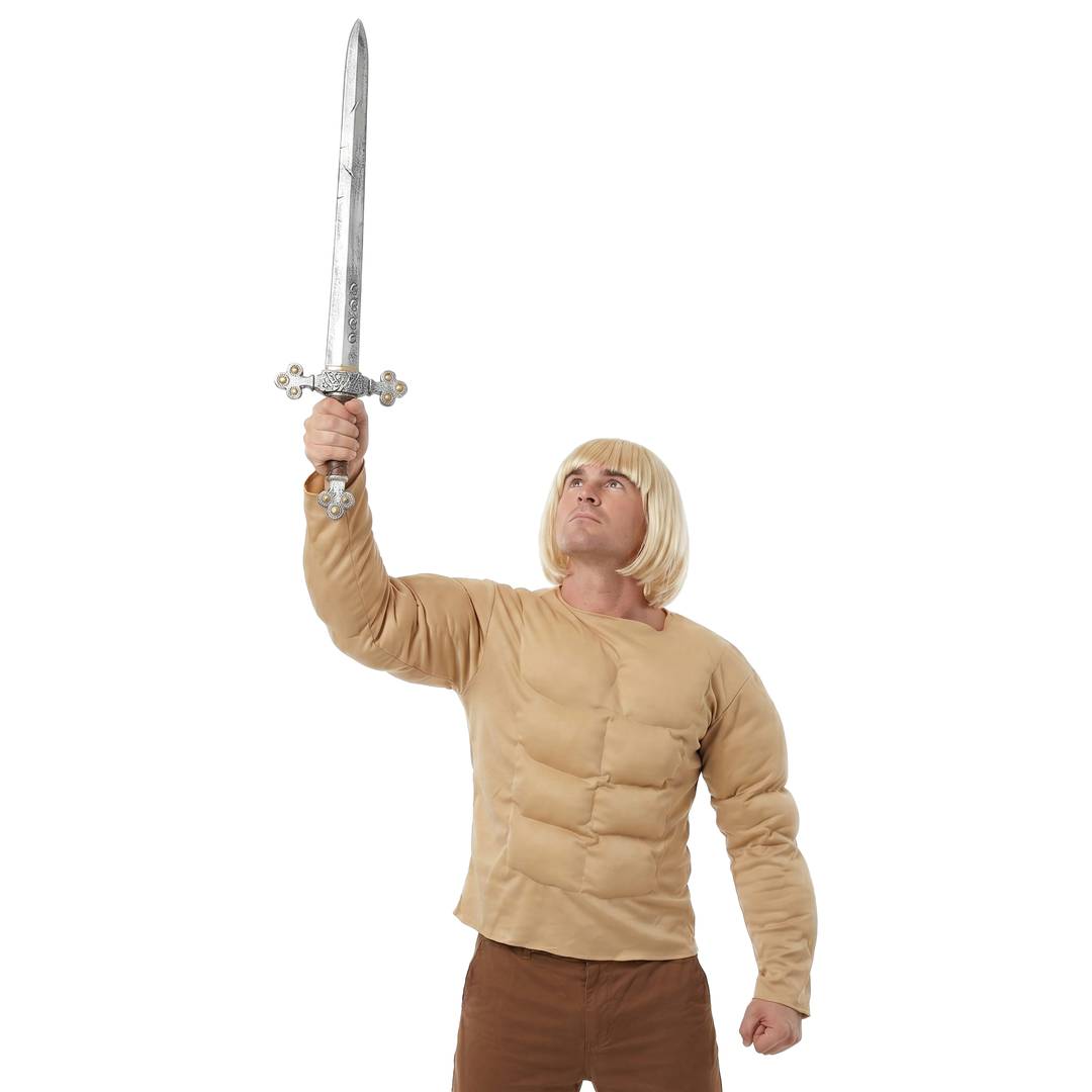 Adults 80's Cartoon Hero Costume | 3 Pcs | Muscle Chest, Wig & Sword
