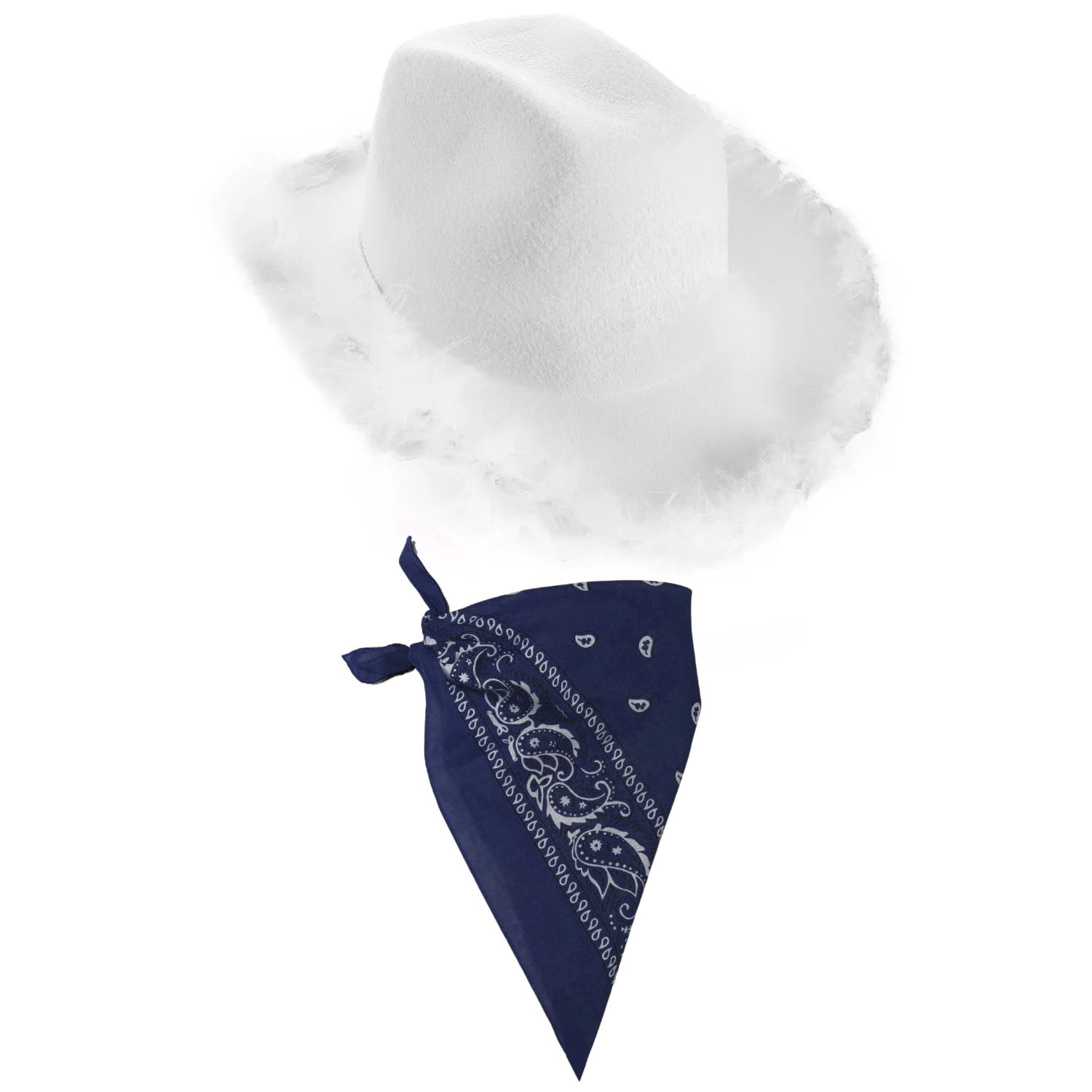 White Cowboy Hat with Marabou Trim & Paisley Navy Blue Bandana