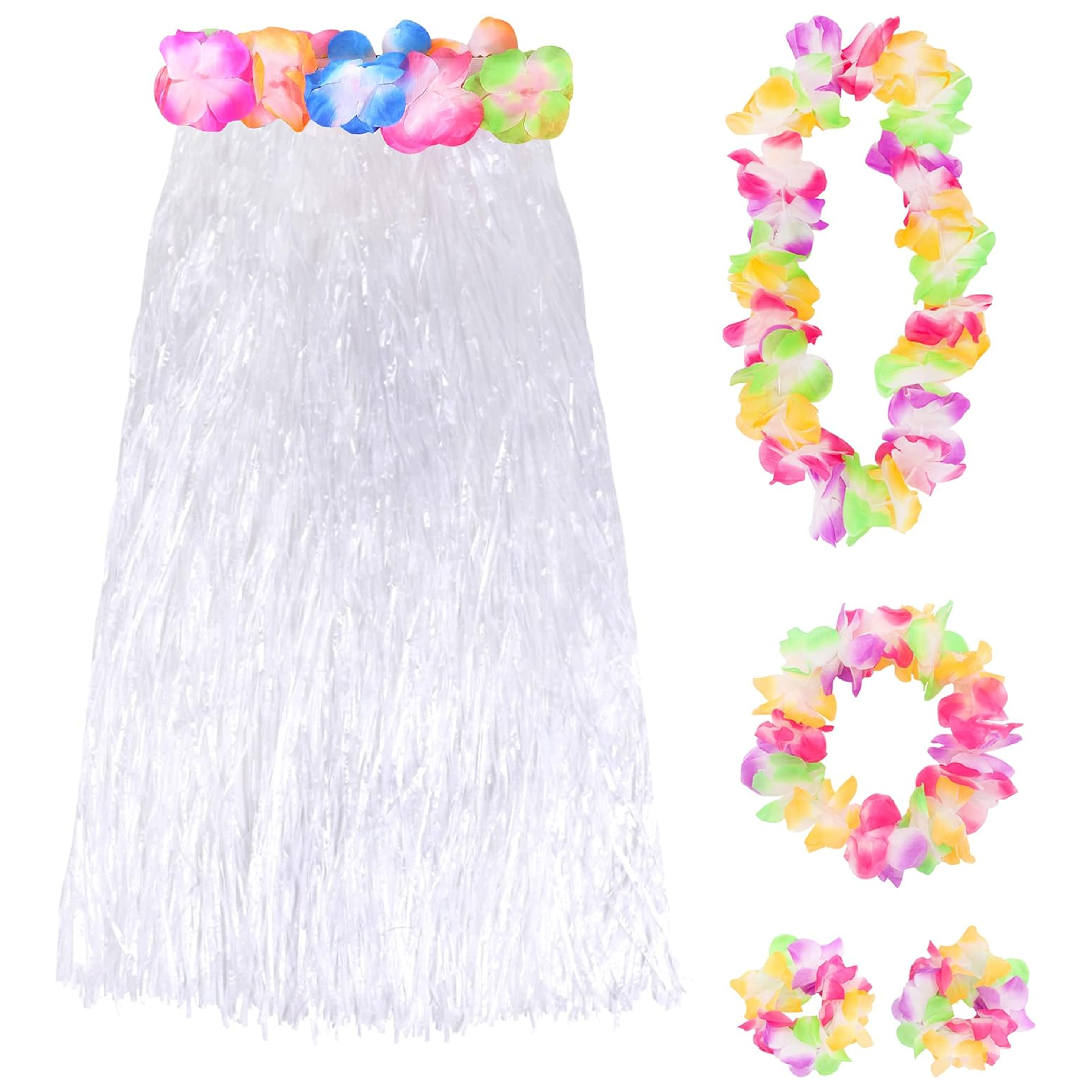 80cm Hawaiian Long White Hula Skirt & Lei