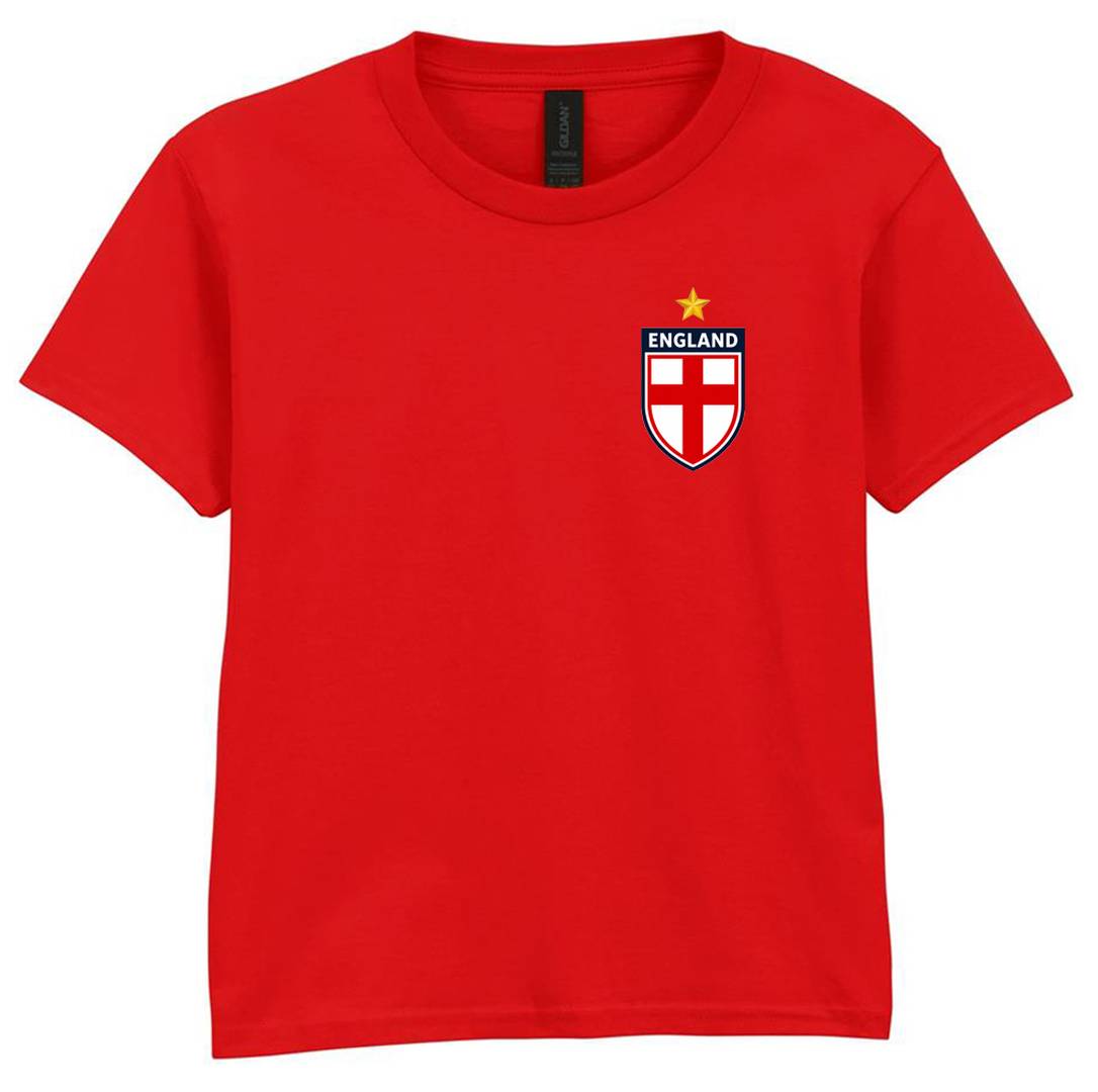 Kids England T-Shirt Red | Boys & Girls England Flag Badge Football Tee |100% Cotton