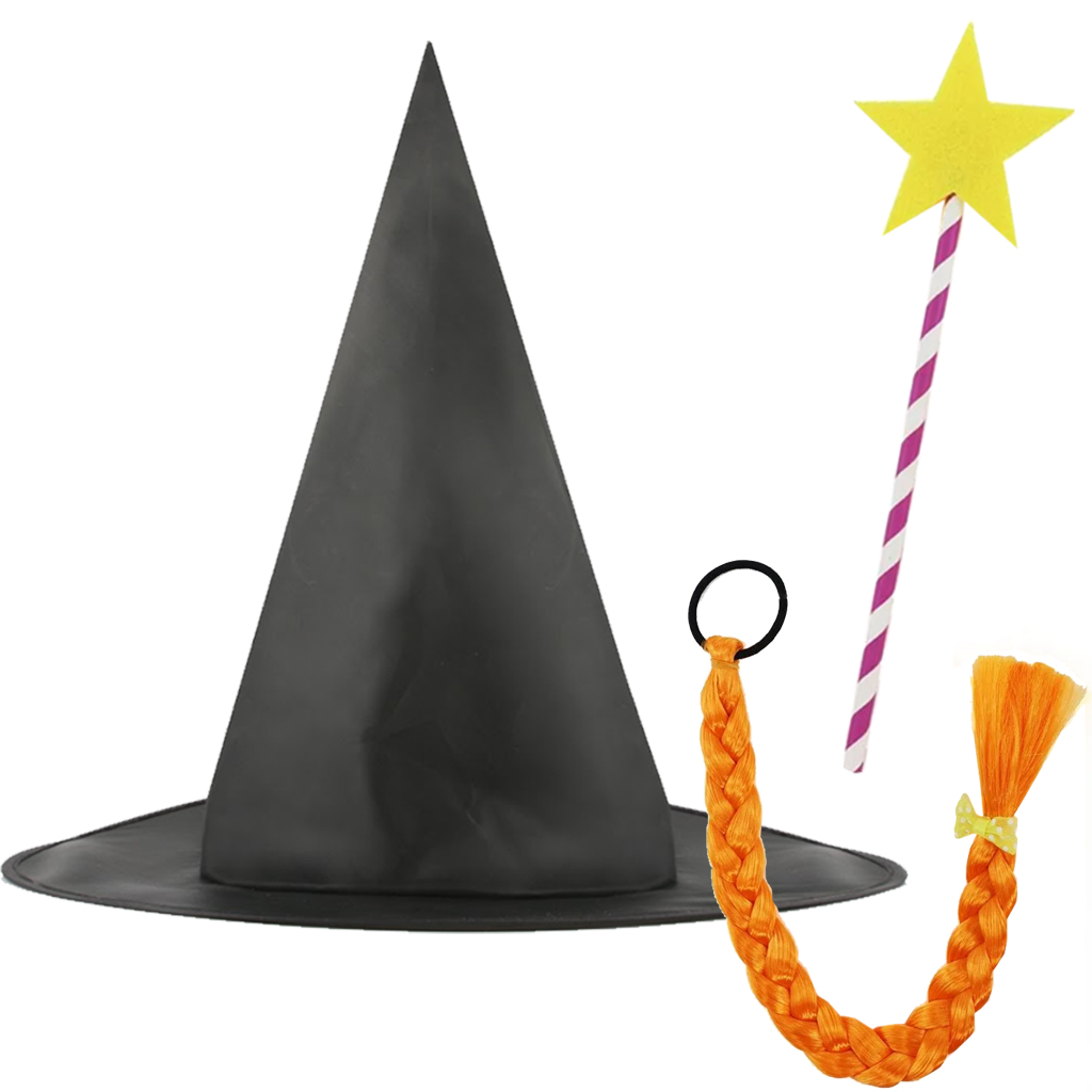Adult's Kind Witch Accessory Set | 3 Pcs | Hat, Plait & Wand
